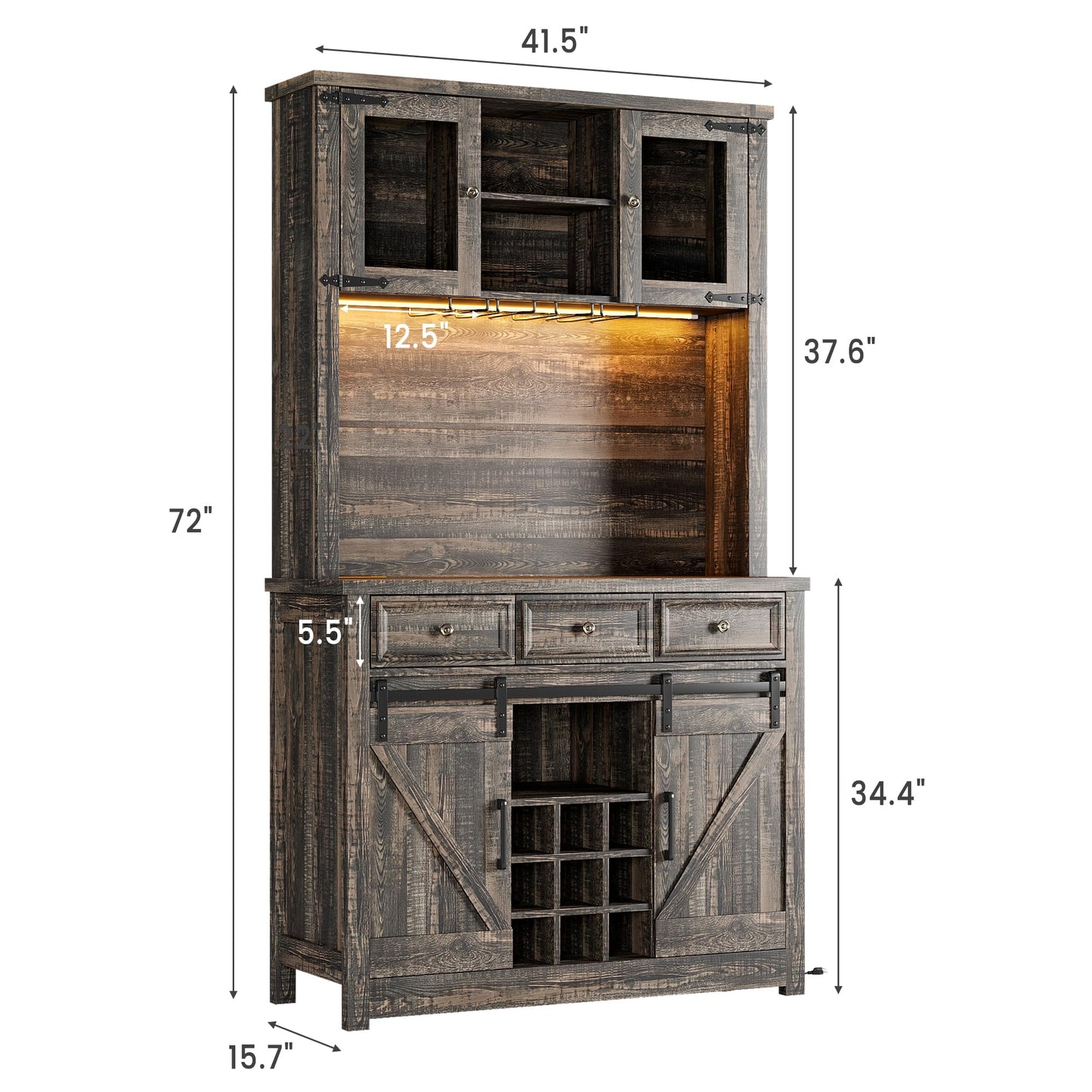 IDEALHOUSE 72" Modern Farmhouse Coffee Bar Cabinet with LED Lights & Power Outlets, Sliding Barn Doors, Rustic Dark Oak Kitchen Buffet with Wine Storage, Ample Storage for Home Bar, Microwave