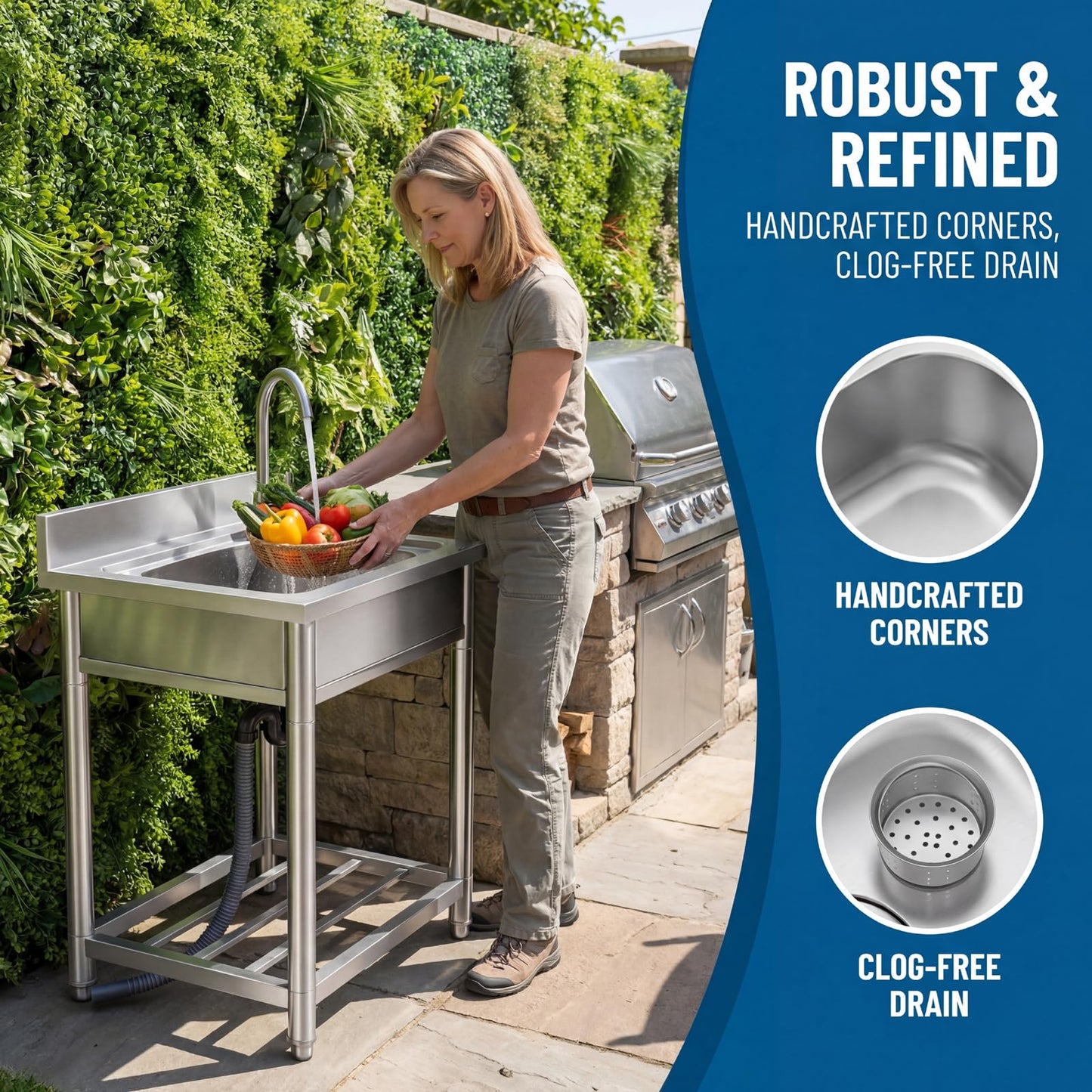 Free Standing Stainless-Steel Single Bowl Commercial Restaurant Kitchen Sink Set w/Faucet, Prep & Utility Washing Hand Basin w/Storage Shelve, laundry tub for Indoor Outdoor (22in)