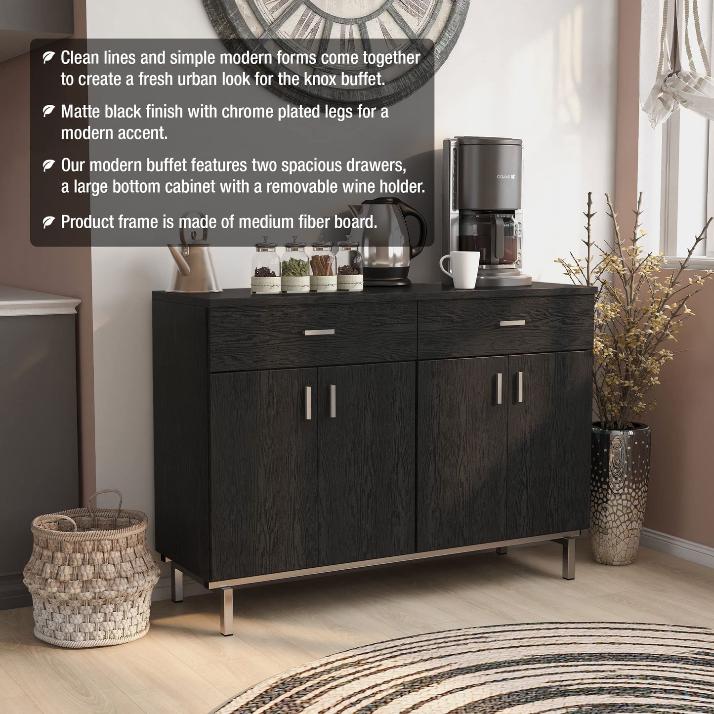 Furniture of America Brysin Modern 48-inch Sideboard Buffet Cabinet with Removable Wine Holder, 2 Drawers On Metal Glides and 2 Storage Compartments for Dining Room, Black and Silver