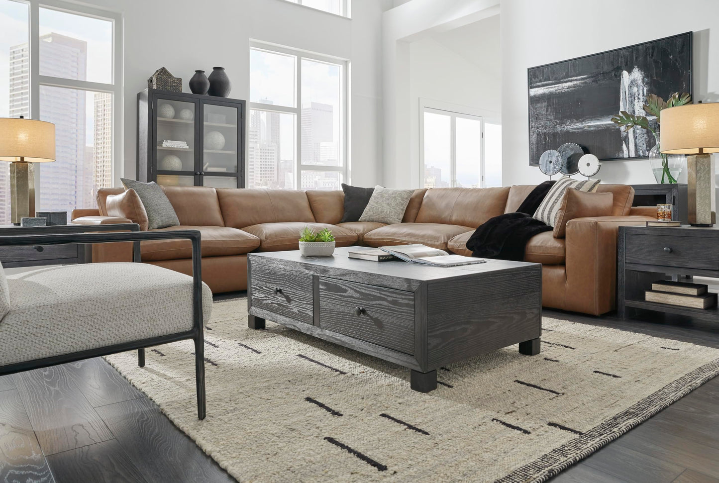 Signature Design by Ashley Emilia Modern Modular Leather Match 5-Piece Sectional with Loose Back Cushions and 2 Bolster Pillows, Light Brown