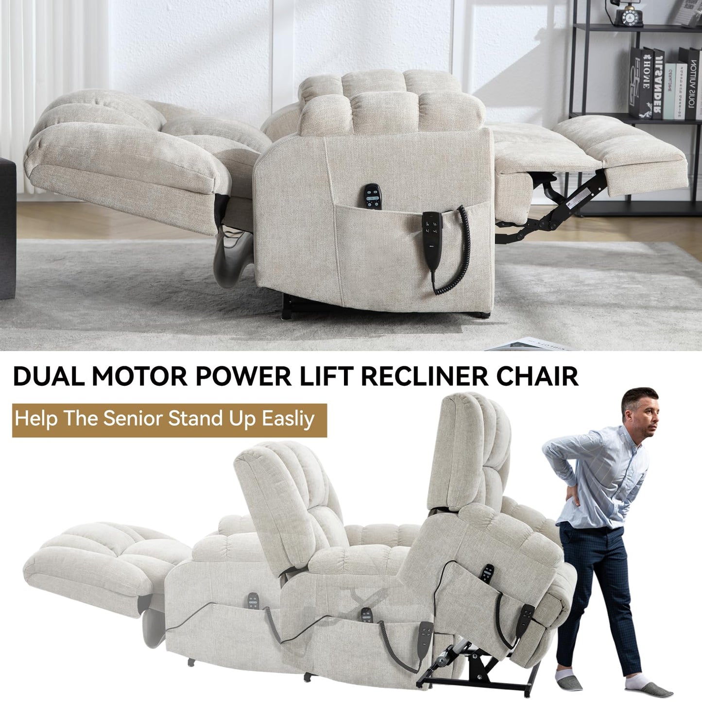 GDFStudio Dual Motor Power Lift Recliner Chair with Massage and Lumbar Heat, Heavy Duty Electric Reclining Chair with Remote Control, Supports Up to 350 LBS, Beige