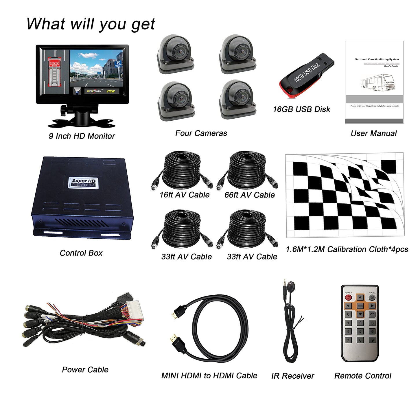 Weivision 1080P FHD 360 Degree Bird View Surround Panoramic View Car Vehicle DVR Camera System Kit for Fire Engine/Bus/School Bus/Truck/Semi-Trailer/Box Truck/RV +9inch HD Display