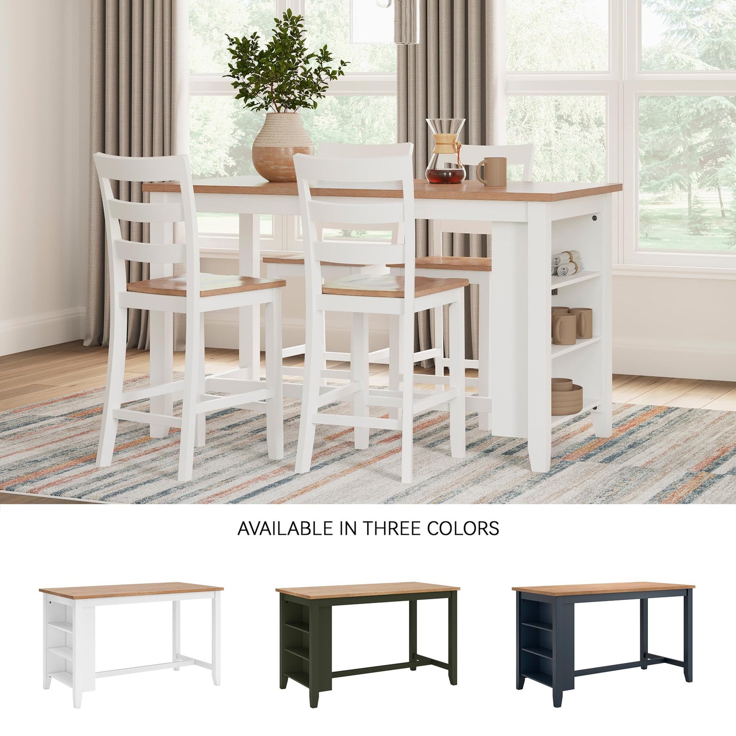 Signature Design by Ashley Gesthaven Farmhouse Counter Height Dining Table with 3 Shelves and Trestle Base, Light Brown & White