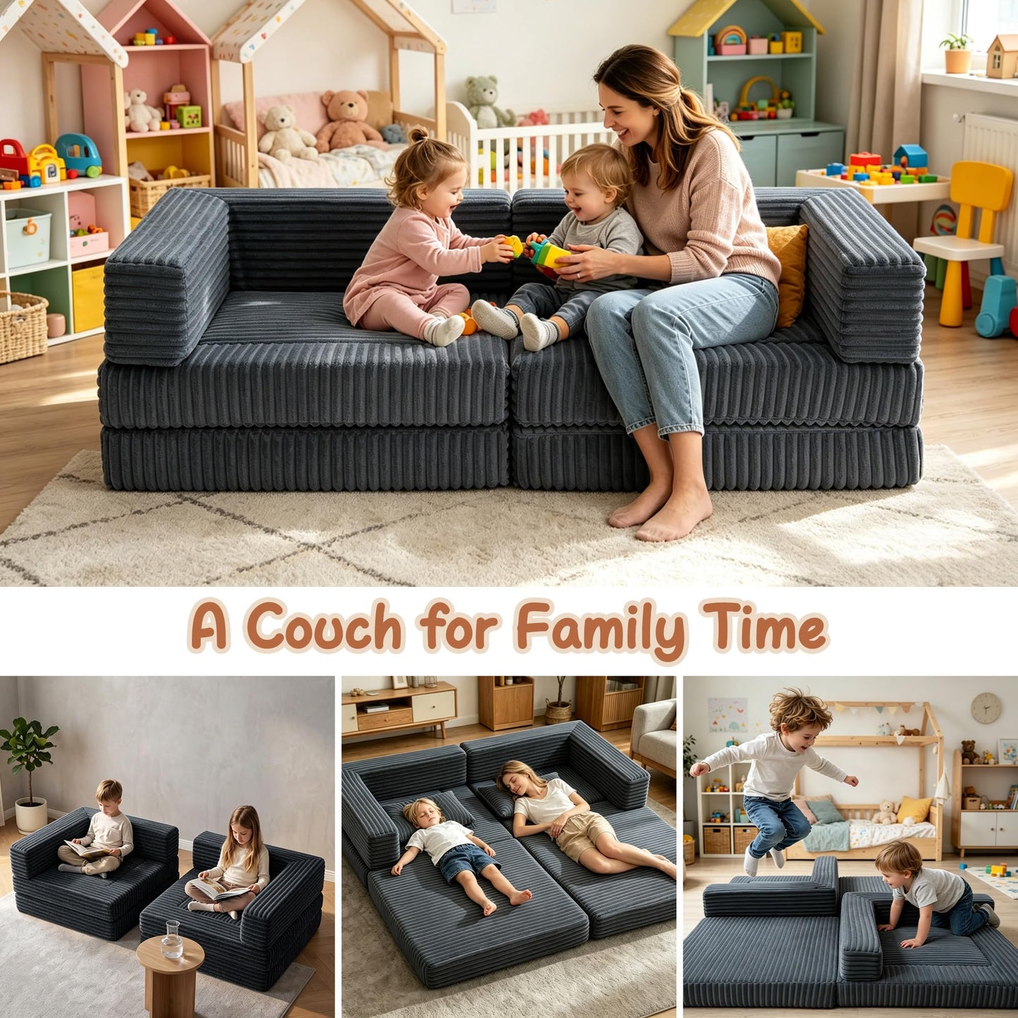 Umoving 2PCS Modular Floor Sofa Set, Convertible Sofa Bed with Adjustable Backrest, Family Seating for Kids, Teens & Adults, Lounge Couch for Gaming, Reading & Relaxing, Grey