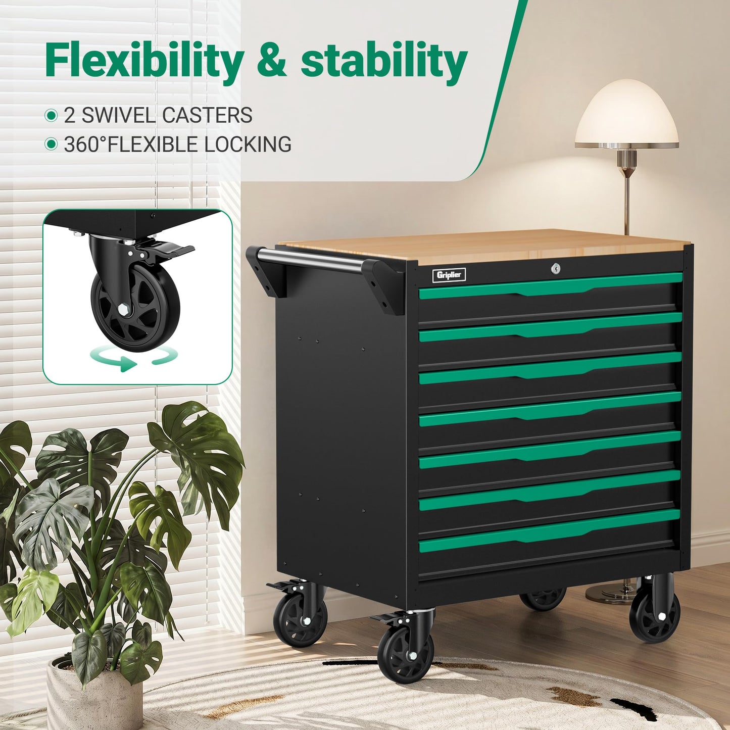 Griplier 7-Drawer Tool Chest with Wood Top, 31.3W x 18.9D x 32.3H inches, Black and Green，Locking Rolling Tool Box with Wheels,Mechanic Tool Cabinets for Garage, Warehouse,Repair Shop(7 Drawers)