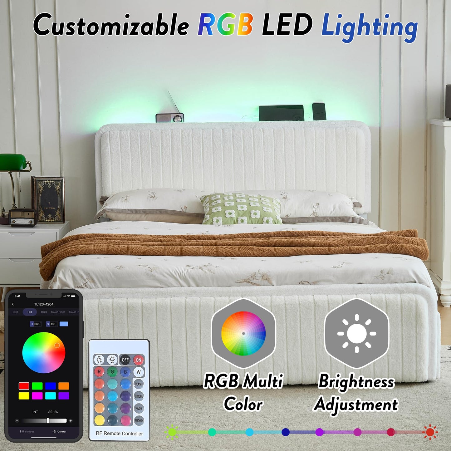 Queen Bed Frame with 2 Storage Drawers & Headboard, Upholstered Platform Bed Frame Queen Size with LED Lights & Charging Station, Metal Slats Support, No Box Spring Needed, Noise Free, Easy Assembly