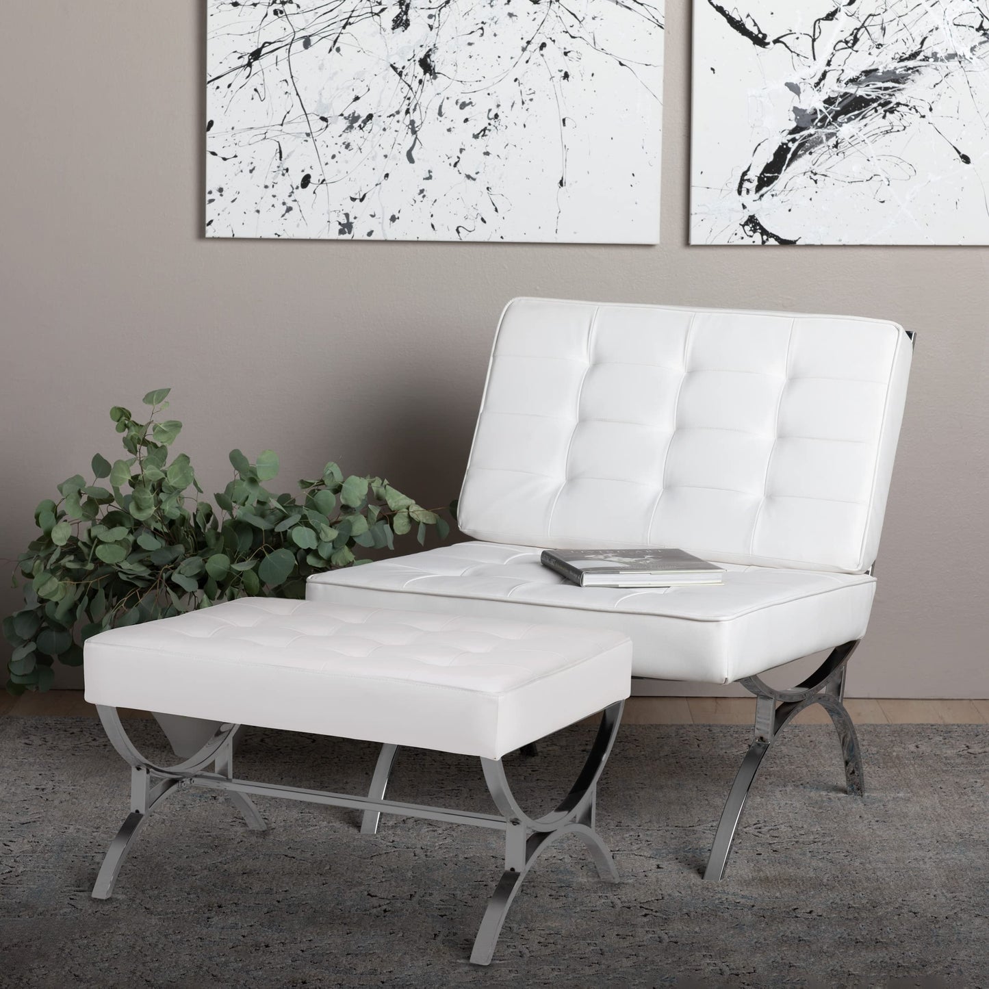 Newel Modern Accent Chair in Blended Leather, Chrome/White