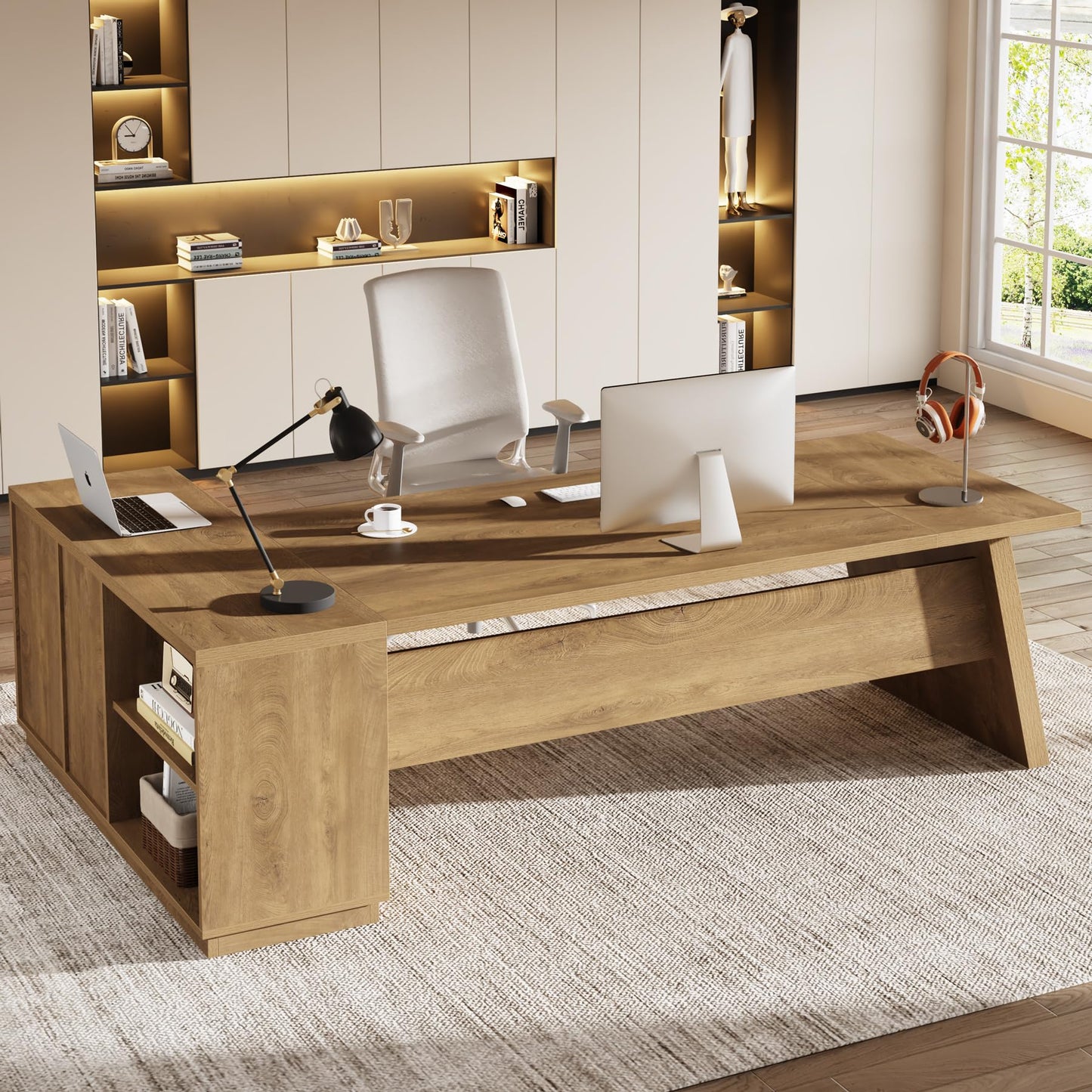 Tribesigns 78" L-Shaped Executive Desk, Large Modern Office Desk with Drawers and Lateral File Cabinet, Business Furniture with Storage Shelves, Big Computer Table for Home Office (Brown)