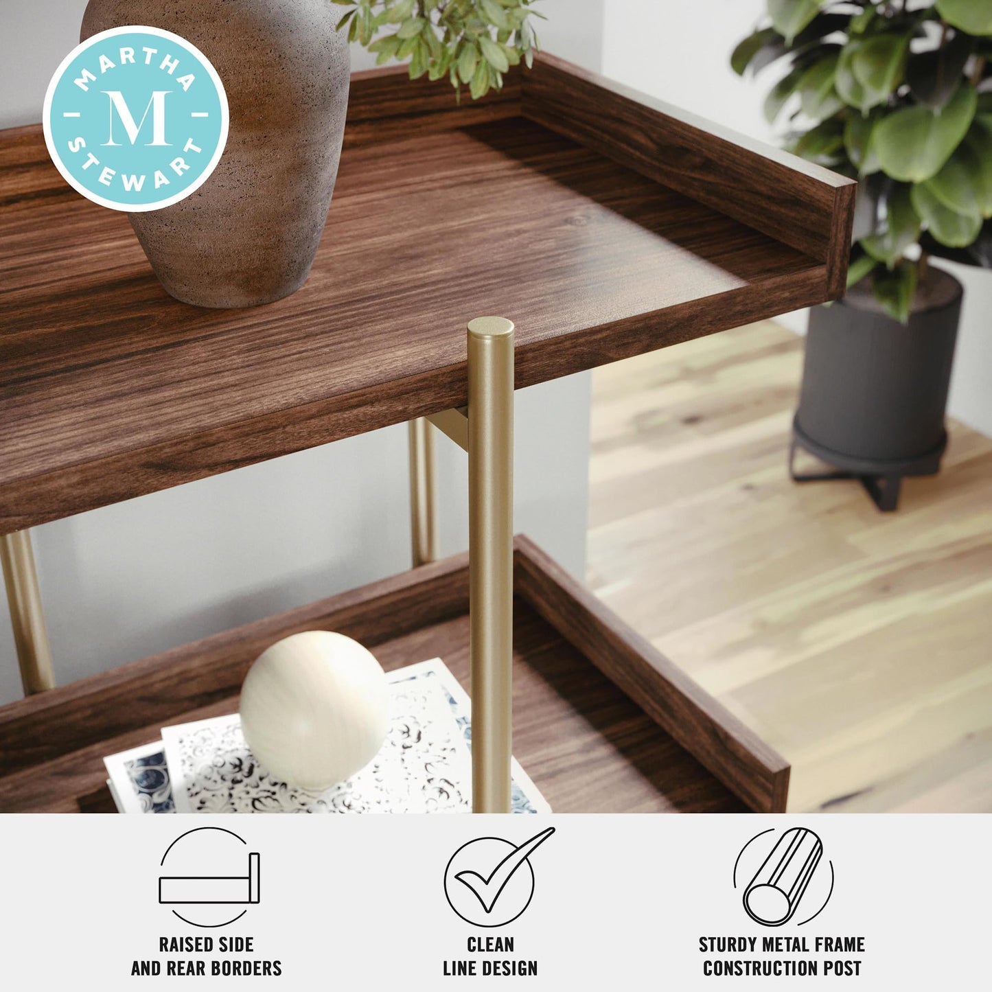 Martha Stewart Emmett 3 Shelf Bookcase with Vertical Metal Frame, Home Office Storage Display Unit, 35" H, Walnut Wood Grain/Polished Brass