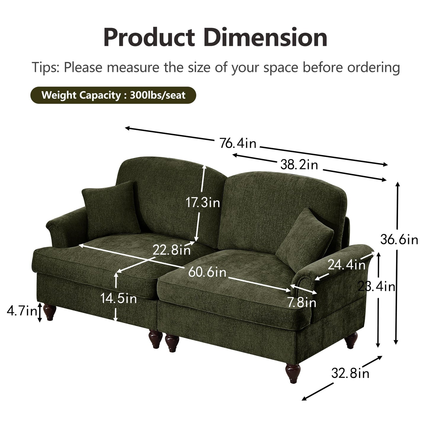 KEIKI Modular Sectional Sofa, 2 Seat Sofa Sets with Removable Ruffles Pleats Skirts, 2 Piece Modular Deep Seat Sofa for Living Room, Green