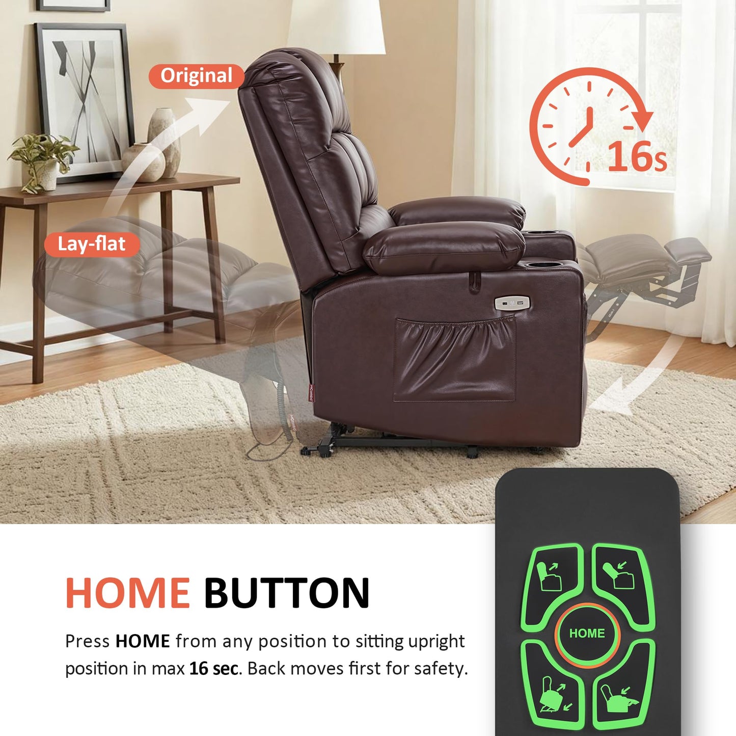 MCombo Dual Motor Power Lift Recliner Chair for Elderly, Massage and Heat, Lay Flat, Zero Gravity, Home Button, USB Port, Faux Leather 7680 (Dark Brown, Large)