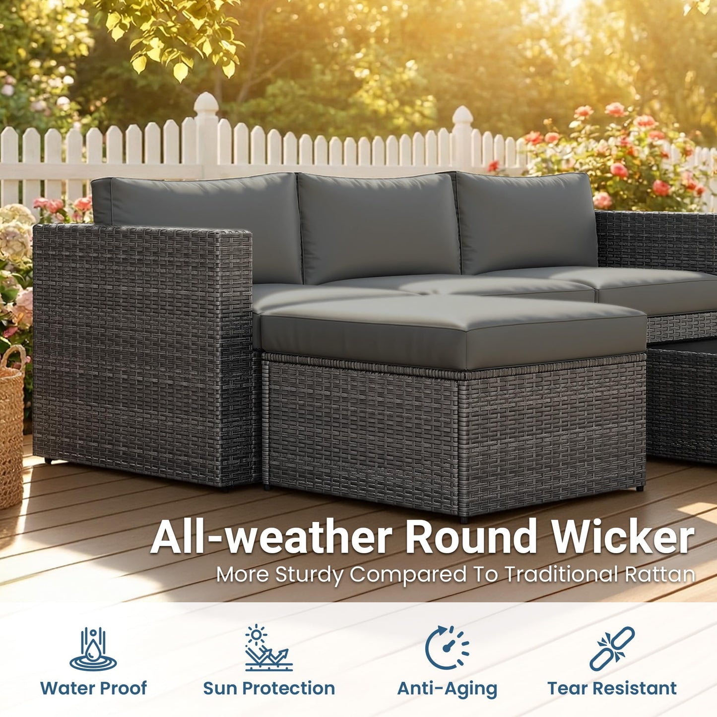 Wisteria Lane 5-Pieces Outdoor Patio Furniture Set, All Weather Wicker Rattan Sectional Sofa, Patio Conversation Set with Cushions & Glass Coffee Table for Backyard Porch Garden Balcony, Grey