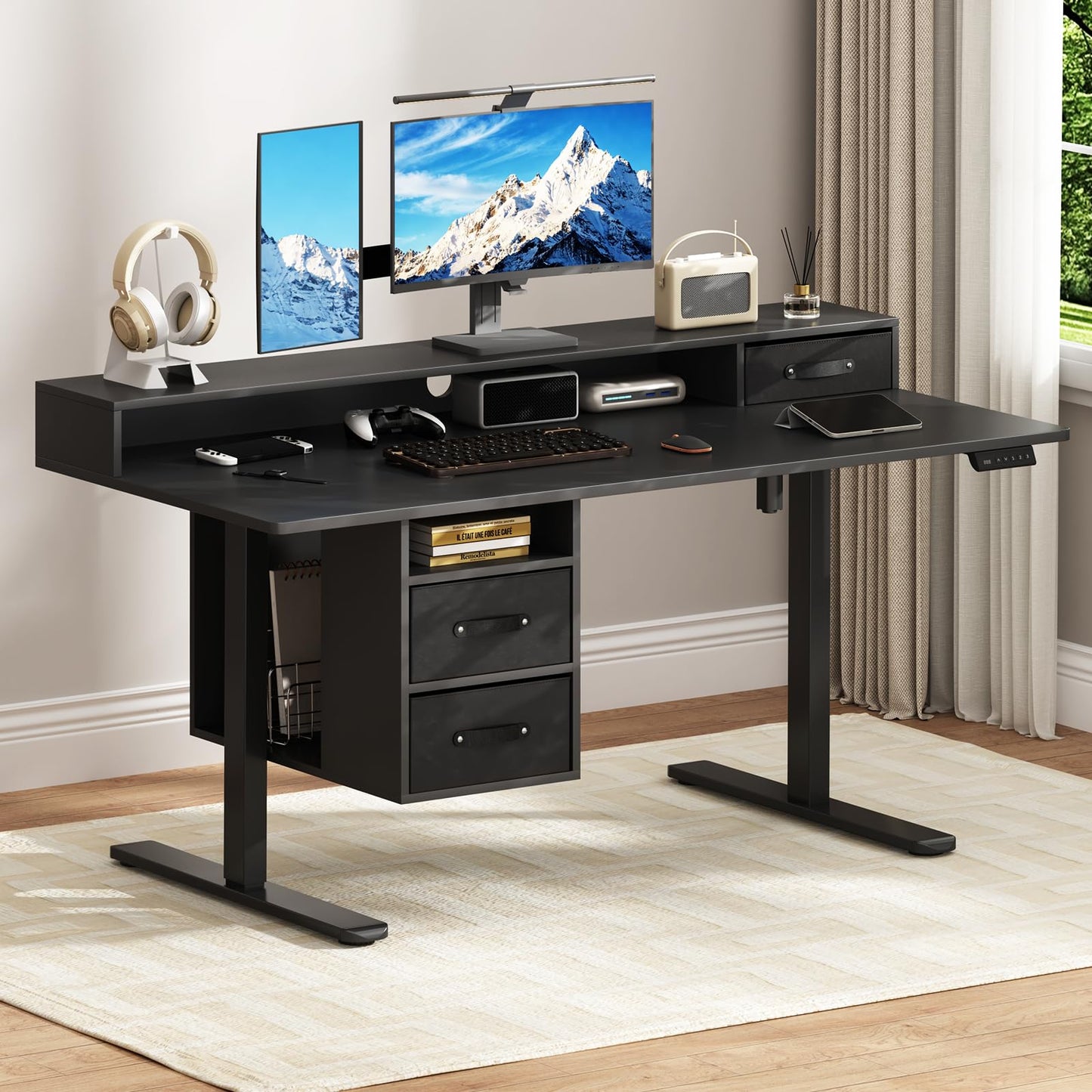 63x24 Inches Standing Desk with Drawers, Electric Computer Desk with Open Storage Shelf, Stand Up Desk, Adjustable Height 28-46 Inches for Home and Computer Workstation, Black