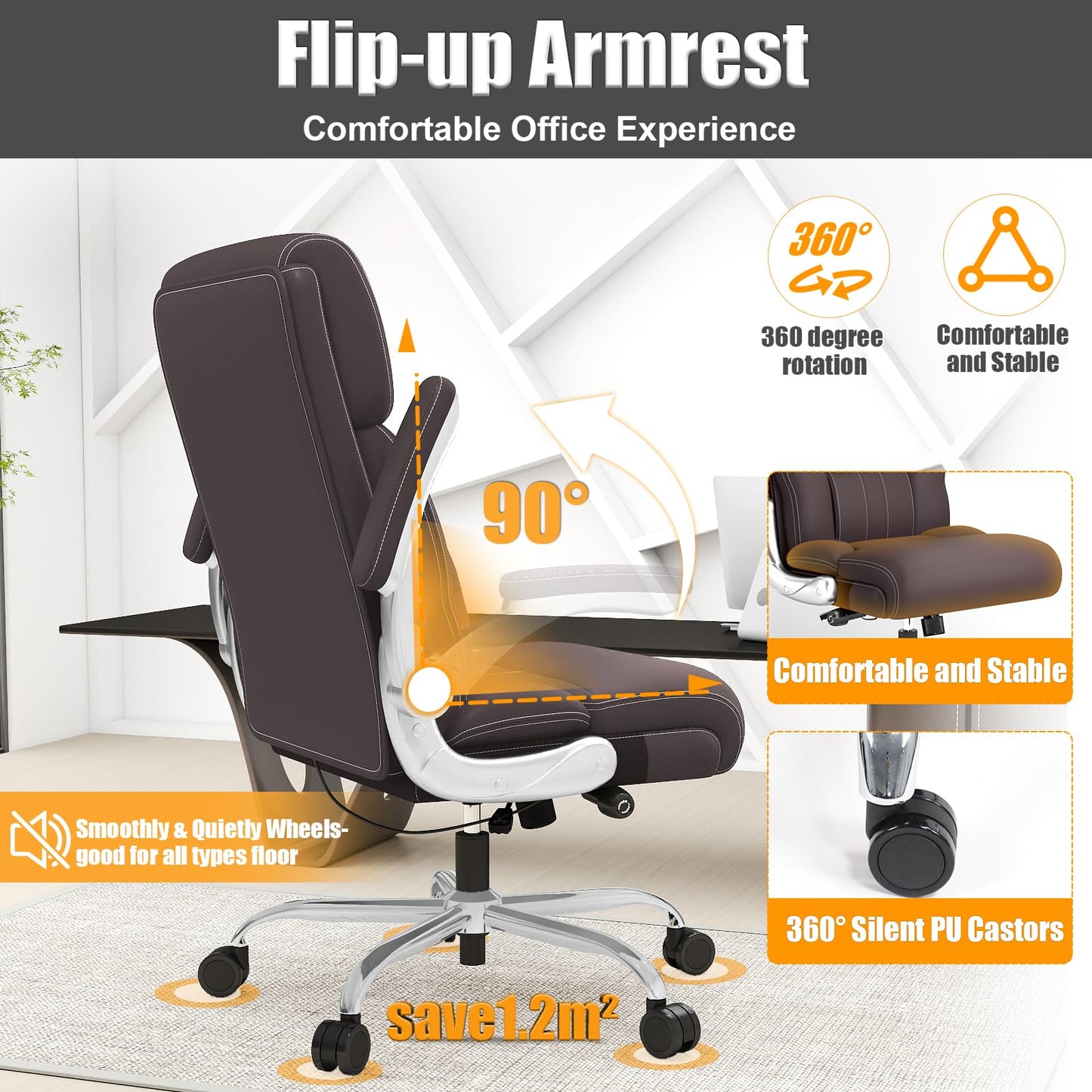 Ergonomic Leather Office Chair with Adjustable Lumbar Support, Flip-Up Armrests Desk Computer Chair, Swivel PC Chair with Rocking Function