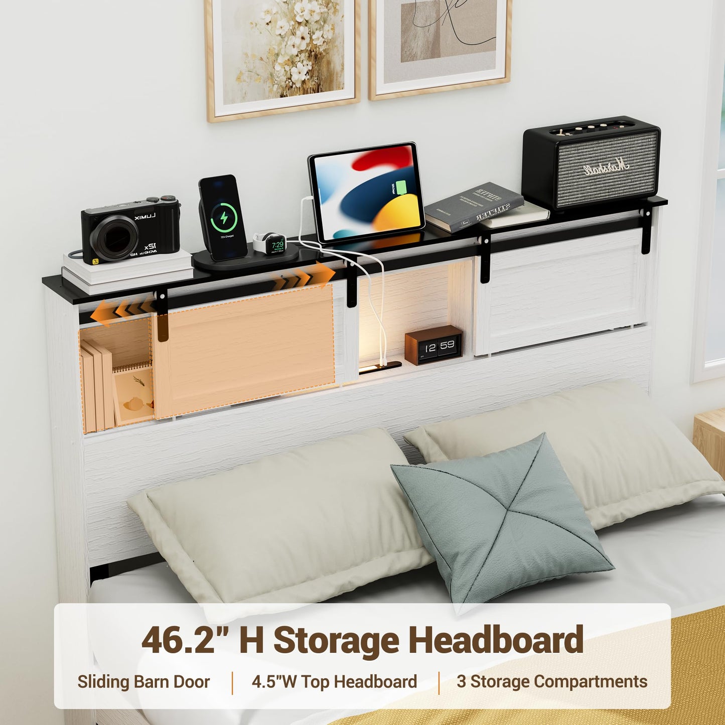 DNYN Farmhouse Platform Bed Frame with Storage Headboard and Dual USB Ports