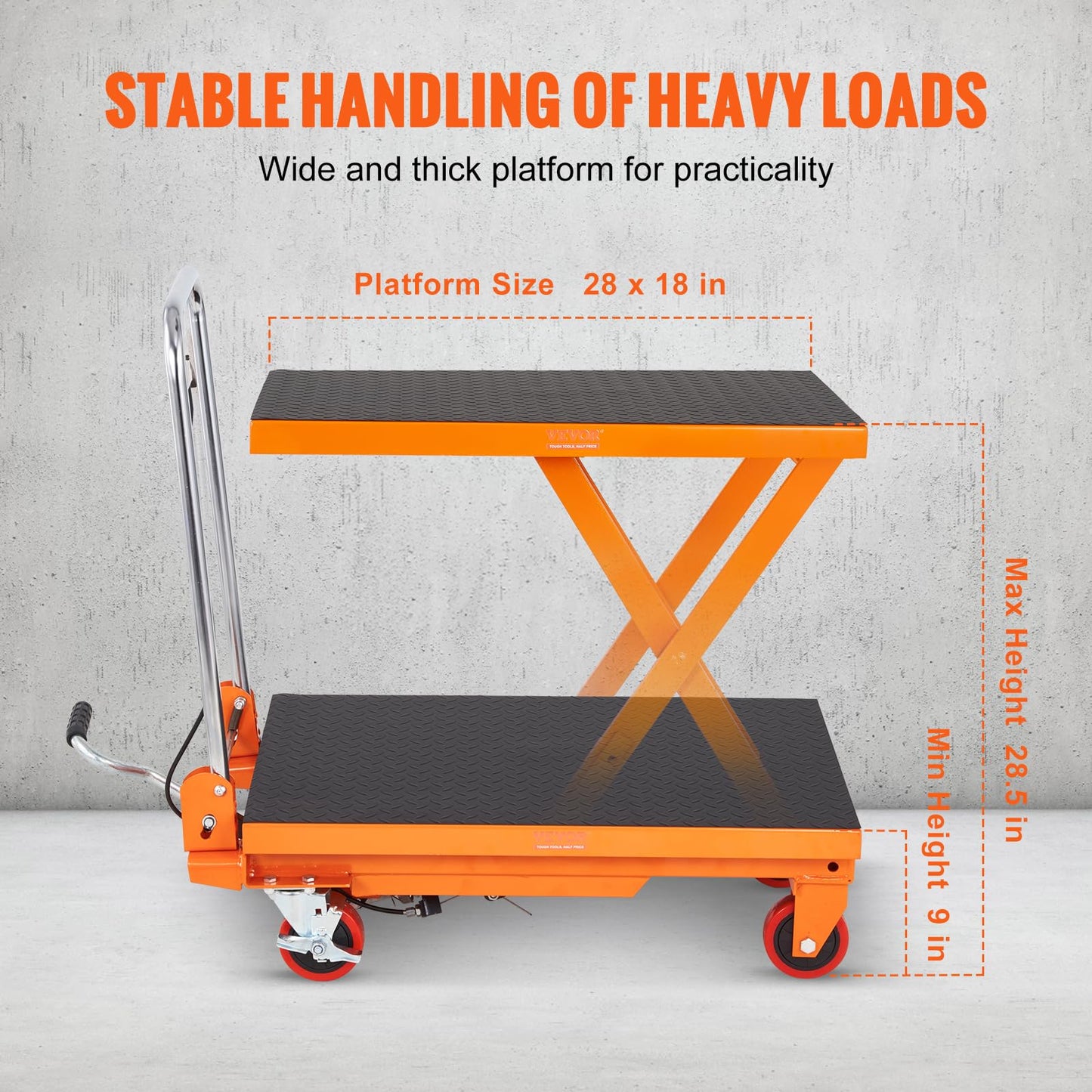 VEVOR TF15 Hydraulic Lift Table Cart, 330lbs Capacity 28.5" with 4 Wheels and Non-Slip Pad, for Material Handling and Transportation, Orange