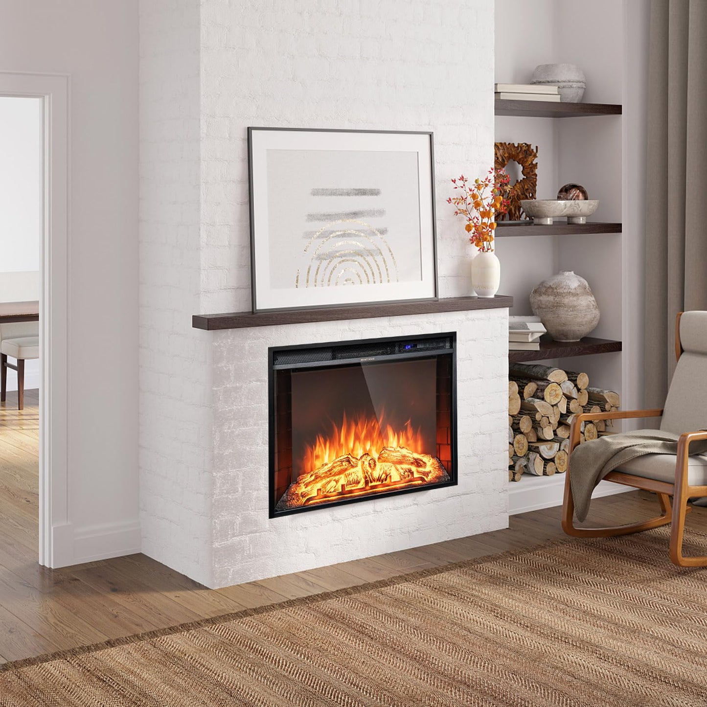 Tangkula Recessed Electric Fireplace, 26 Inch Fireplace with Adjustable Flame Brightness, LED Screen & Remote Control with Timer, Overheating Protection, 750W/1500W Fireplace Heater
