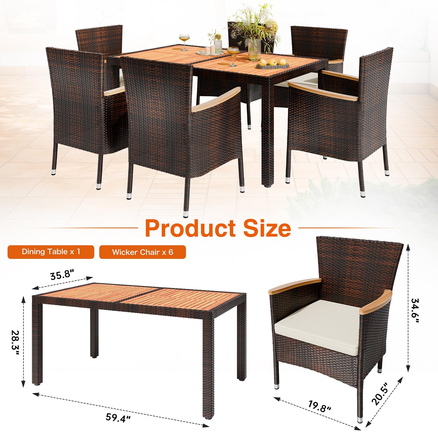 Shintenchi 7 PCS Patio Dining Set, Wicker Patio Conversation Set with Wooden Table Top, Outdoor Table and Chairs with Soft Cushions for Backyard, Deck and Garden, Brown Wicker