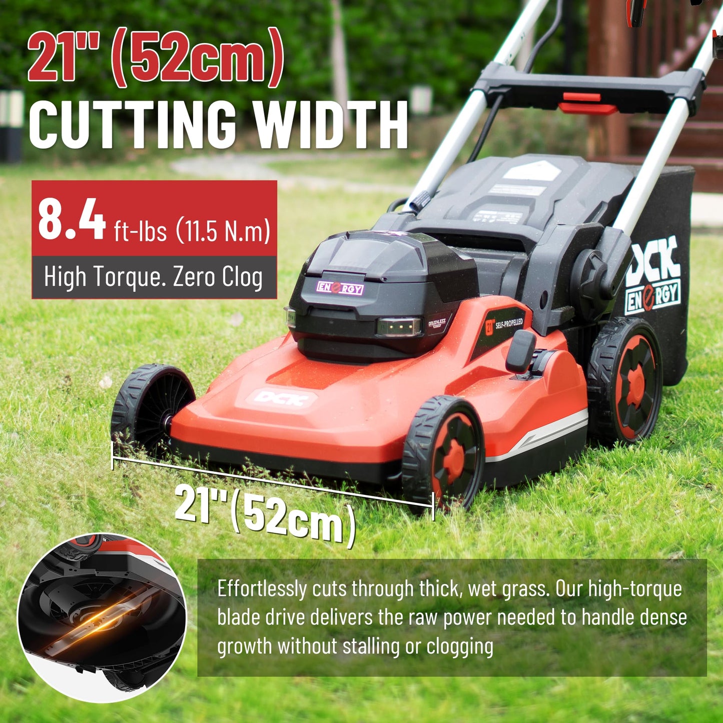 DCK 58V 21" Self-Propelled Lawn Mower 3-in-1 (Mowing/Collecting/Mulching), 7 Cut Heights, Foldable, LED Light, Upgraded Brushless Motor, 6.0Ah Battery & Charger