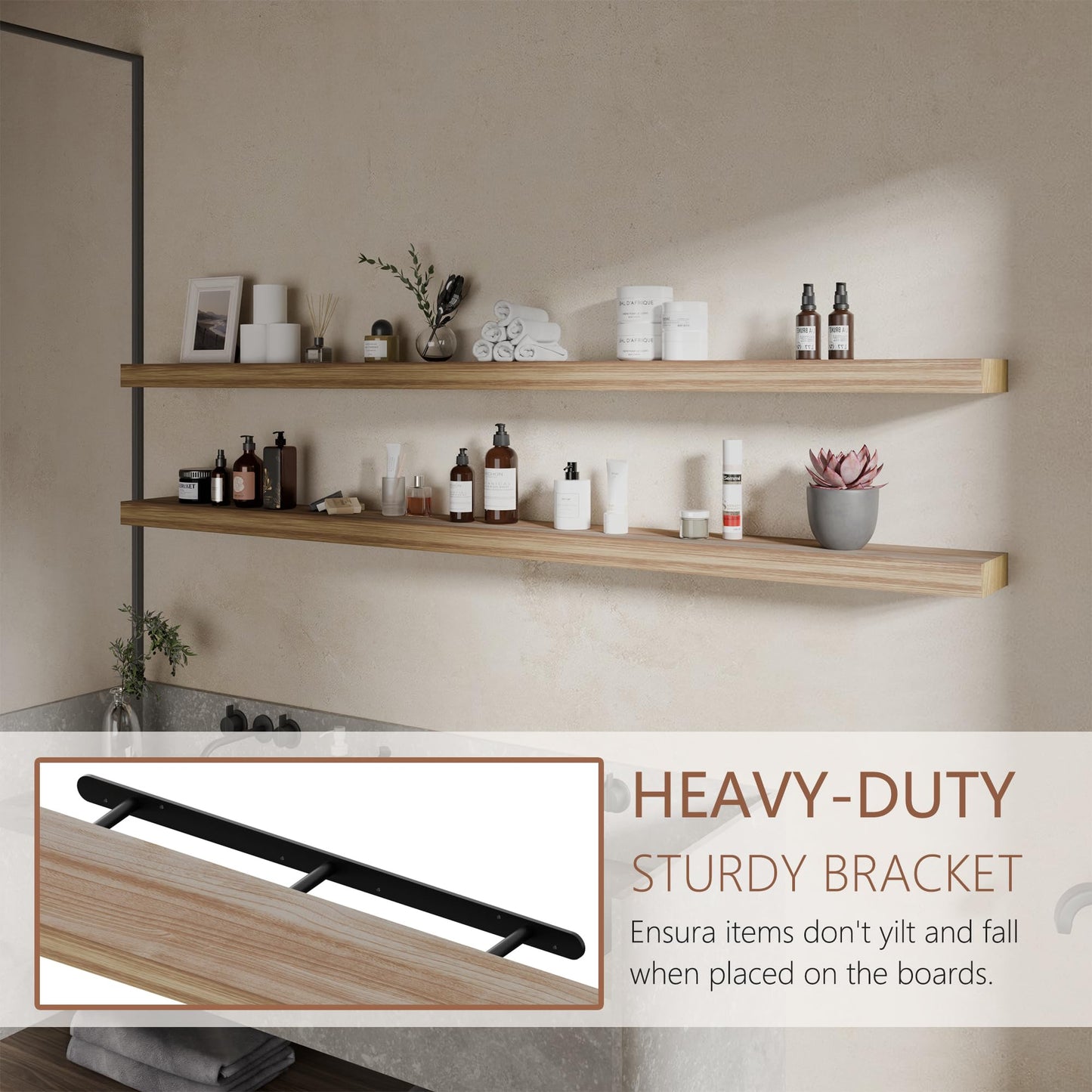 ONOTETUT 72 inch Long Floating Shelves for Wall,Solid Wood Long Wall Shelves Set of 2,Brwon Wooden Wall Mounted Shelf,Wall Bookshelf Bathroom Shelves
