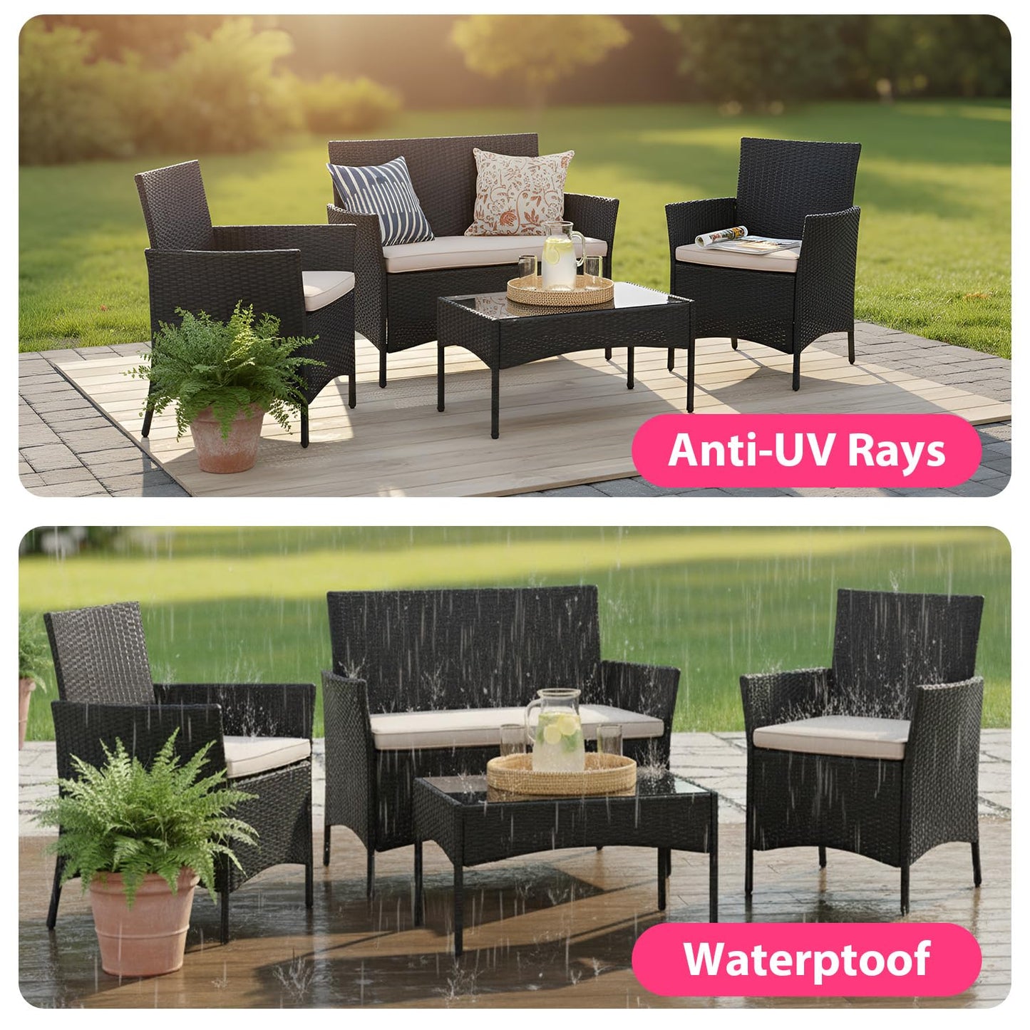FDW Rattan Furniture Wicker Chair Patio Bristo Set for Outdoor Indoor Use with Loveseats Coffee Table,Khaki Cushion, 4-Pieces
