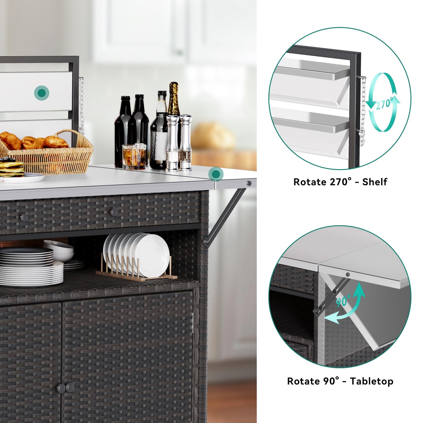 YITAHOME XL Outdoor Kitchen Wicker Island Rolling Cart & Storage Cabinet, Wheels and Stainless Steel Extended Table Top, Side Handle for Patio Kitchen or Bar Cart, Dark Brown