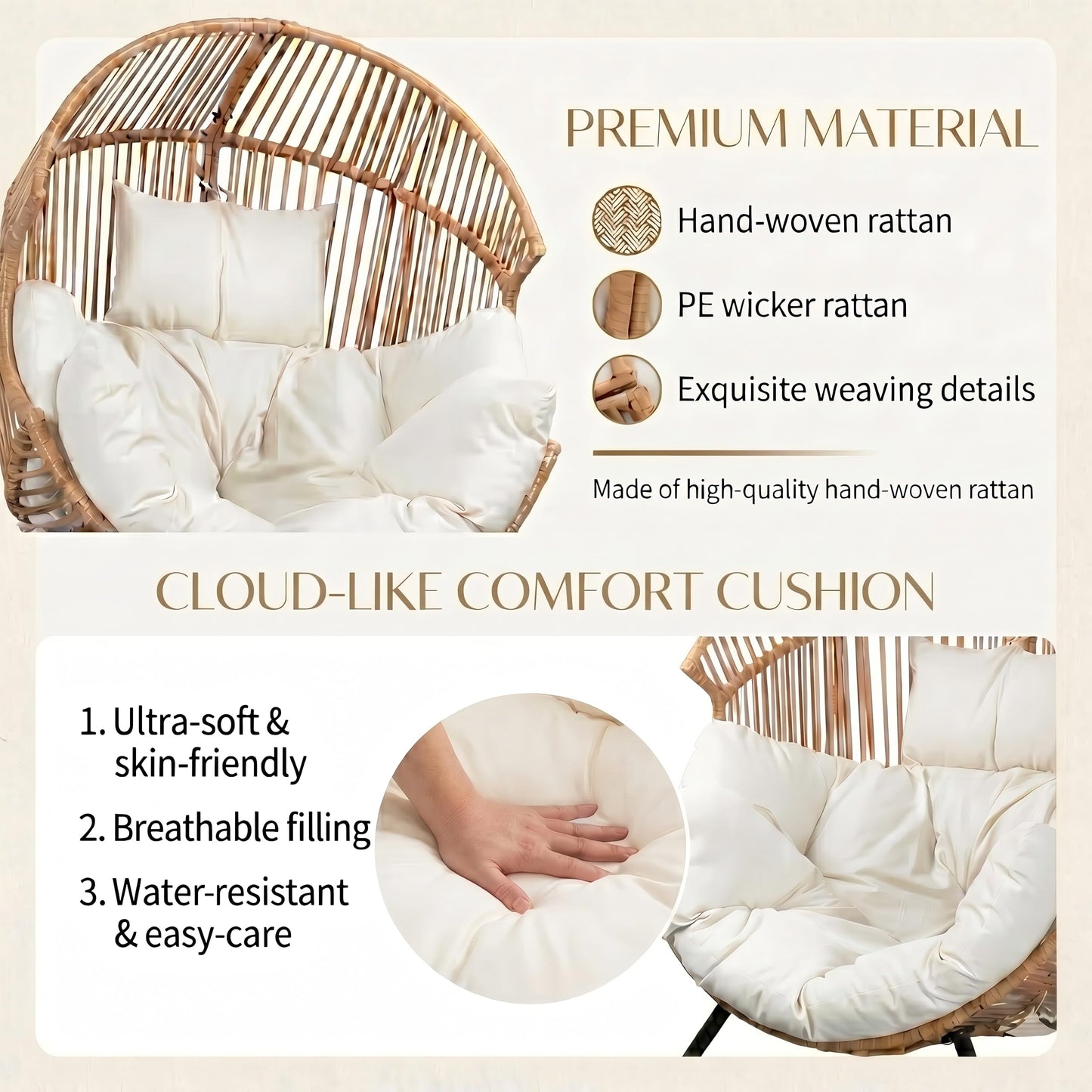 Oversized Outdoor Rocking Chair Set of 2, Wicker Egg Patio Lounge Chair Basket Seat with Thick Cushion, All Weather Indoor Outdoor Porch Rockers for Balcony, Living Room, Lawn Garden