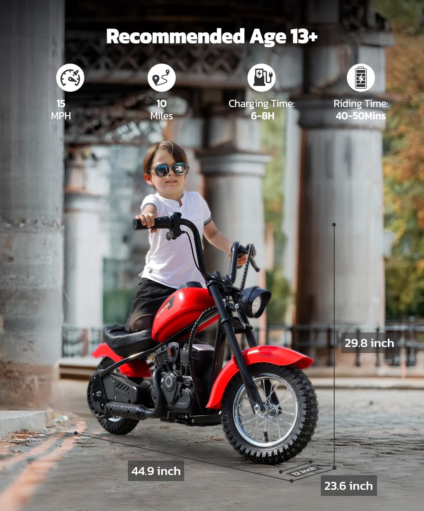 ELEMARA Electric Dirt Bike, 15 mph & 150lb Max, 24V Ride on Toy for Big Kids w/LED Lights & Power Display,Chain-Driven Motor,Twist-Grip Throttle, Shock Springs,Handbrake,12" Air-Filled Tires-Red