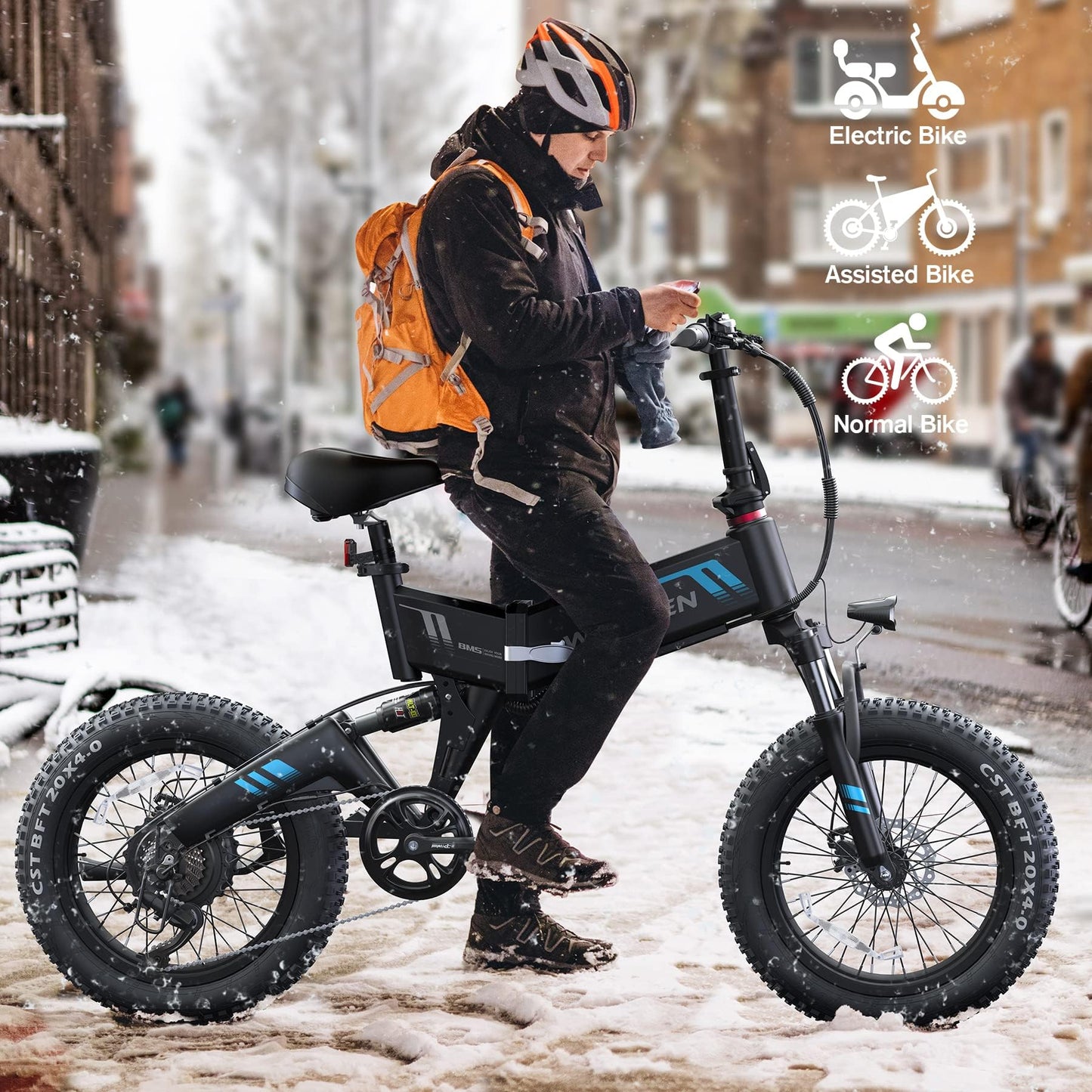 Wooken Folding Electric Bike, 20''X4.0 Fat Tire Electric Bike for Adults,Peak 750W Foldable E Bike with 48V 10Ah Battery,Professional 7 Speed, Full Fuspension, 20MPH Ebike for Mountain Beach Snow