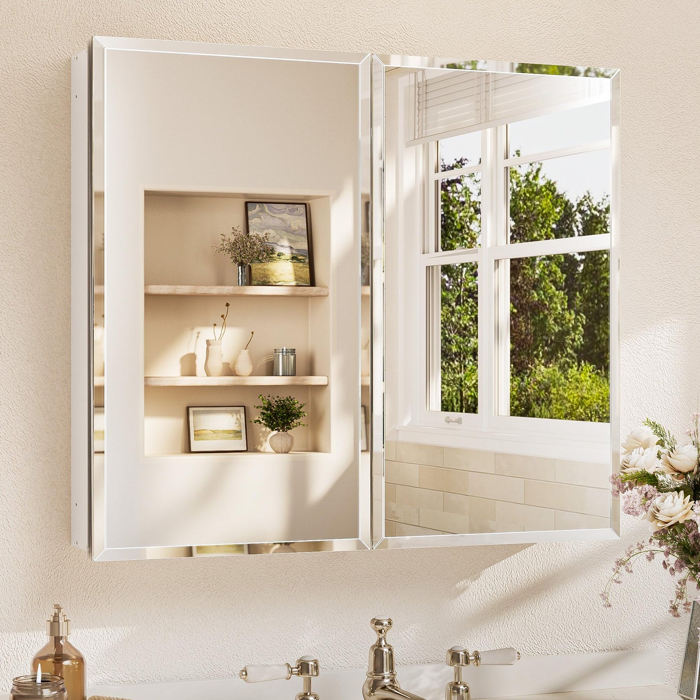 TETOTE 30 x 26 Bathroom Mirror with Storage with Tempered Beveled Mirror Silver Medicine Cabinet Aluminum Cabinet DTC Hinges, Stepless Adjustable Shelves, Recessed/Surface-Mounted