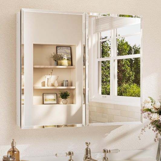 TETOTE 30 x 26 Bathroom Mirror with Storage with Tempered Beveled Mirror Silver Medicine Cabinet Aluminum Cabinet DTC Hinges, Stepless Adjustable Shelves, Recessed/Surface-Mounted