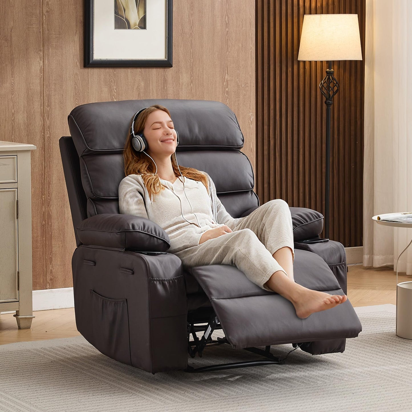 Garvee PU Leather Manual Recliner Chair with Massage and Heat, 27" Extra Wide Seat, 400 lbs Capacity, Thickened Sponge Armrests and Back, Cup Holders & Side Pocket, Living Room or Bedroom, Dark Brown
