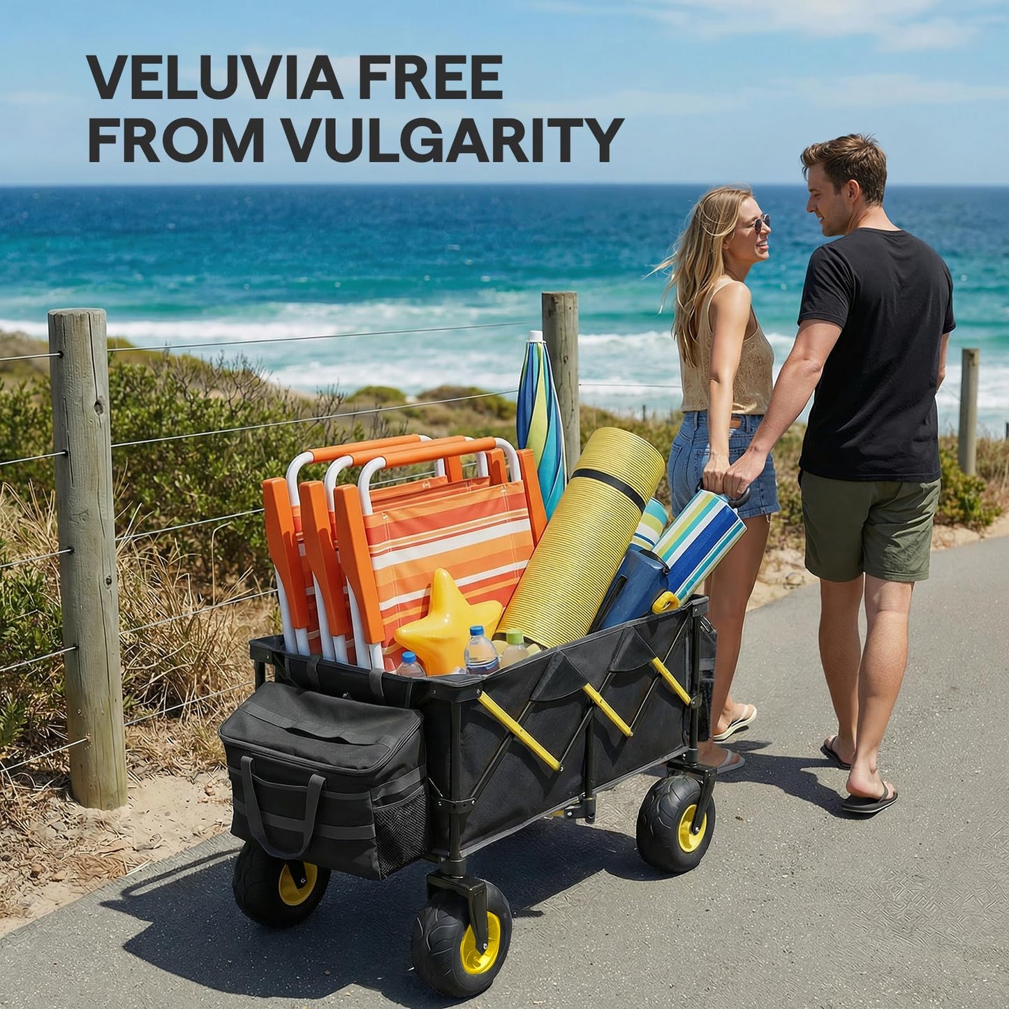 VELUVIA Beach Wagon with Balloon Wheels for Sand - 450LBS Heavy Duty Foldable All Terrain Wagon with 9" Balloon Tires- Collapsible Beach Dolly with Adjustable Handle & Cooler Bag for Beach - Black