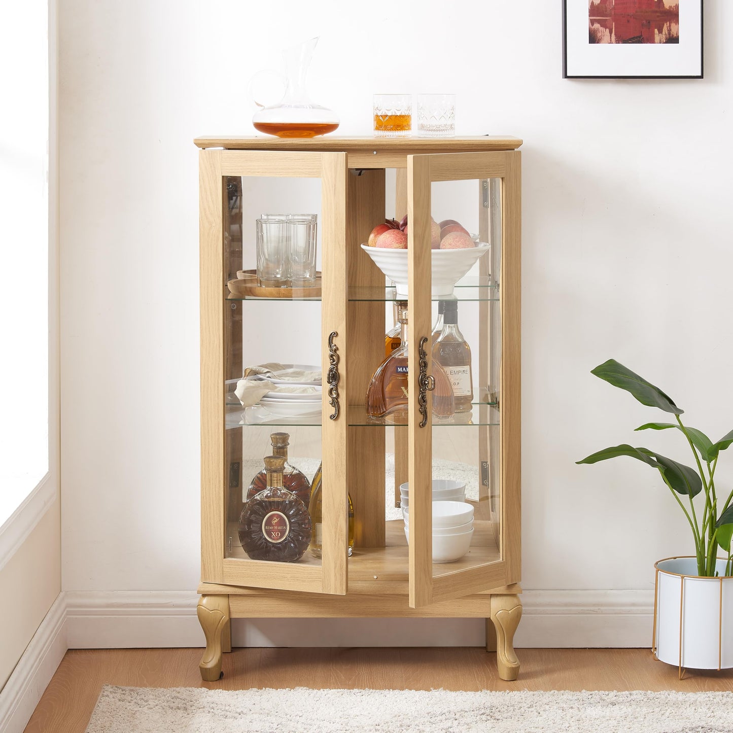 KEIKI 44" Glass Display Cabinet with Mirrored Back Panel & Adjustable Shelves, for Collectibles, Storage Curio Cabinet with 2 Door, 3-Tier Showcase Display Case, Easy Assembly, for Living Room, Oak