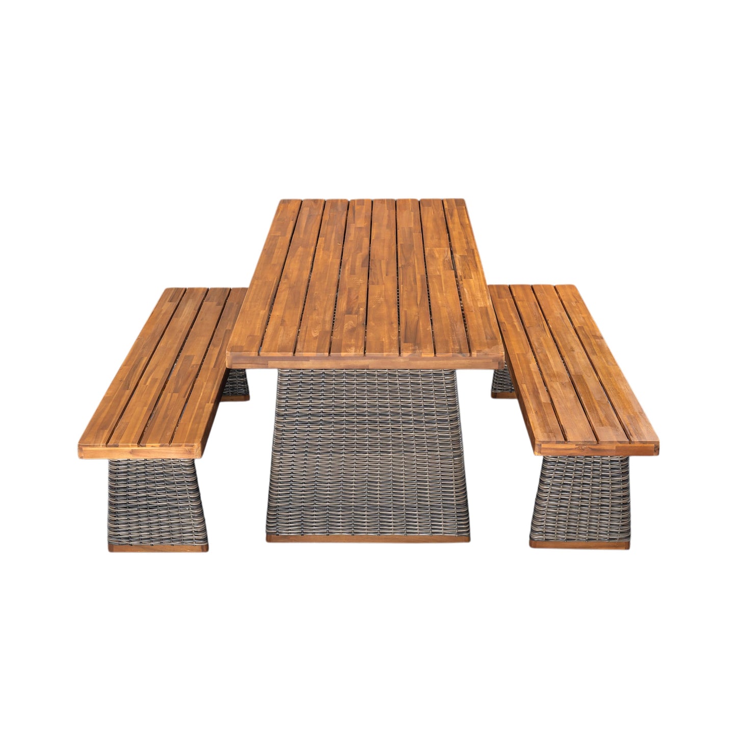 Christopher Knight Home Xavi Patio Acacia Wood Dining Set, Outdoor Side Table and Chairs Set with Slatted Panel Design and Handwoven Rattan Legs, Outdoor Furniture Set for Garden, 3 pcs, Grey + Teak