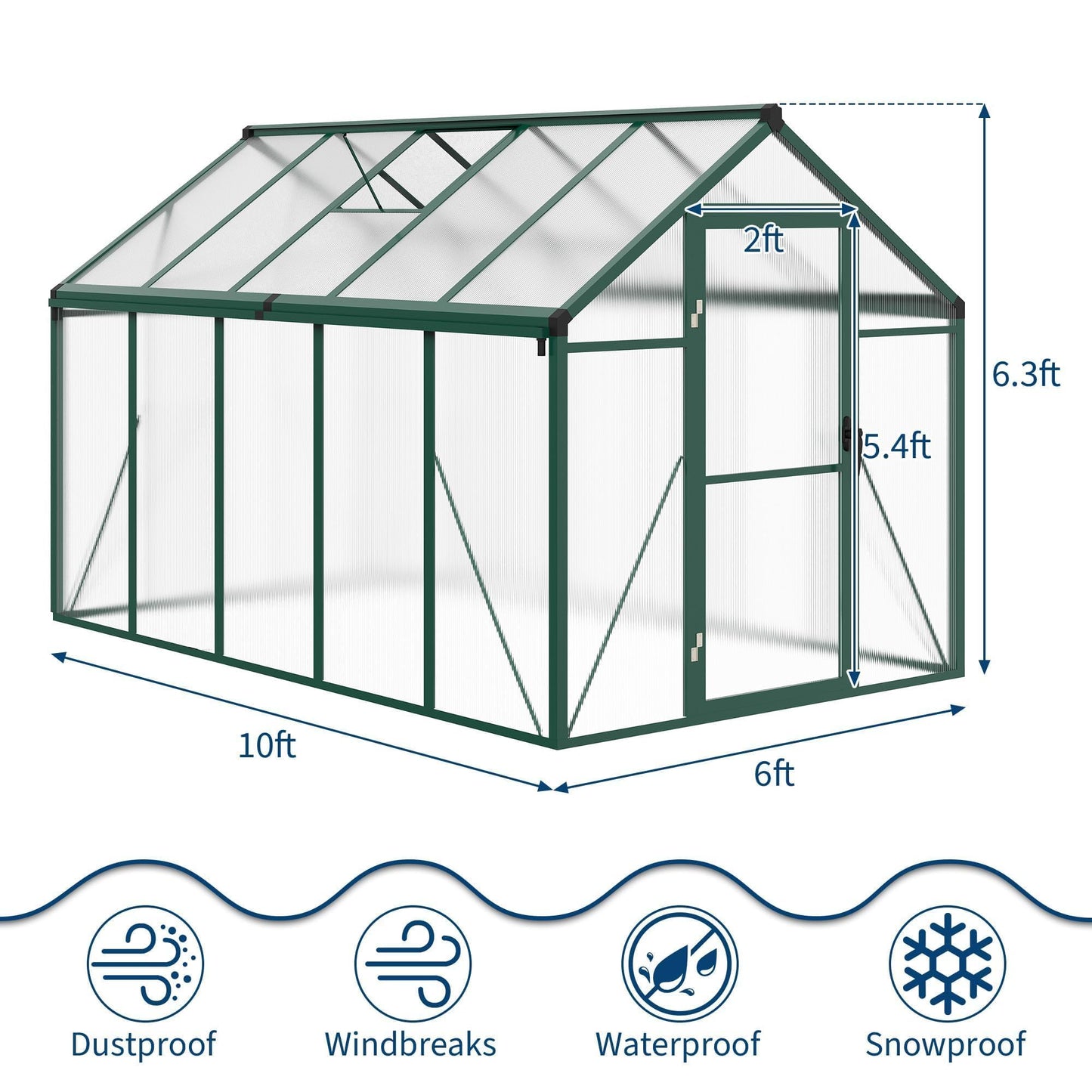 6X10 FT Greenhouse for Outdoors, Polycarbonate Flower Greenhouse with Roof Vent, Push-Pull Lockable Door, Aluminum Walk-in Greenhouses for Outside Garden Backyard, Patio, Lawn, Green