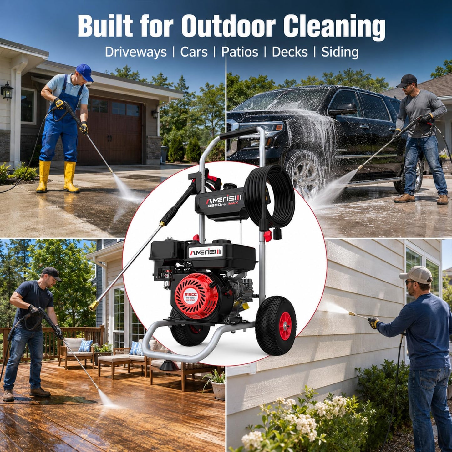 AMERISUN 3800 PSI Gas Pressure Washer 2.5 GPM with 212cc 4-Stroke OHV Engine, 5 Quick-Connect Nozzles & 10" Wheels, Heavy Duty Power Washer for Driveways, Cars, Patios, Decks & House Siding