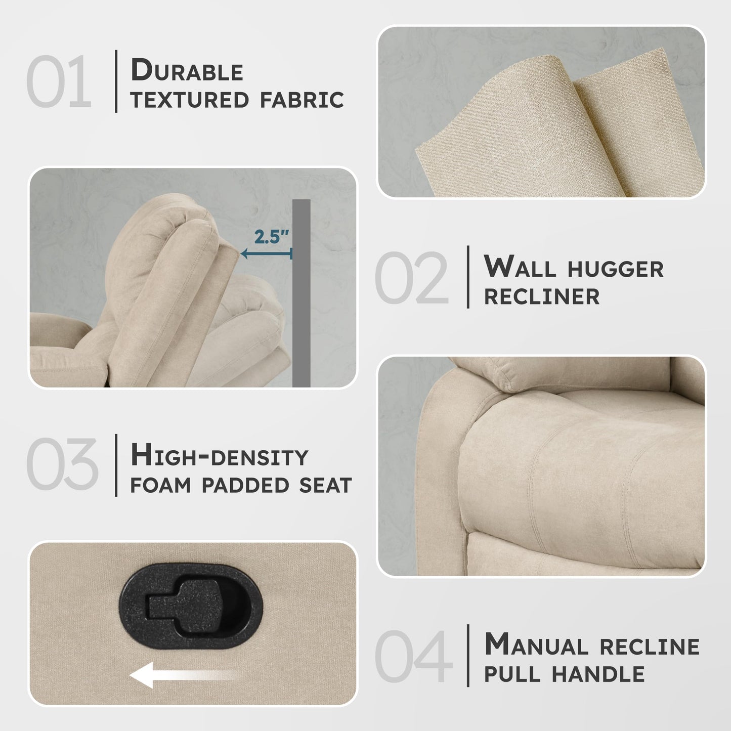 Lexicon Manual Recliner Sofa Chair, Home Theater Seating, Wall Hugger Manual Reclining Nursery Chair for Bedroom/Living Room/Office/Apartment, Oatmeal Textured Fabric