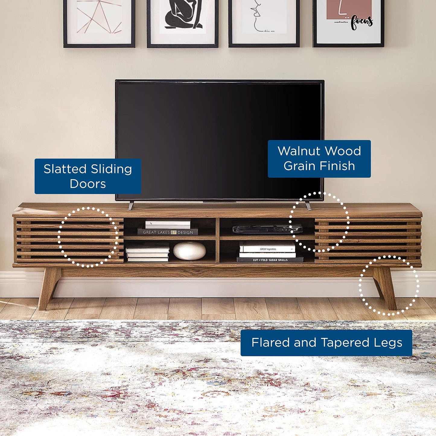 Modway Render 70" Mid-Century Modern Low Profile Media Console Entertainment TV Stand in Walnut Walnut
