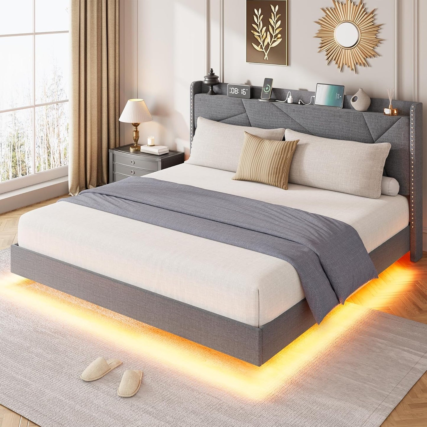 IDEALHOUSE Queen Size Floating Bed Frame with LED Lights & Charging Station – Upholstered Platform Bed with Storage Headboard, No Box Spring Needed, Easy Assembly, Grey