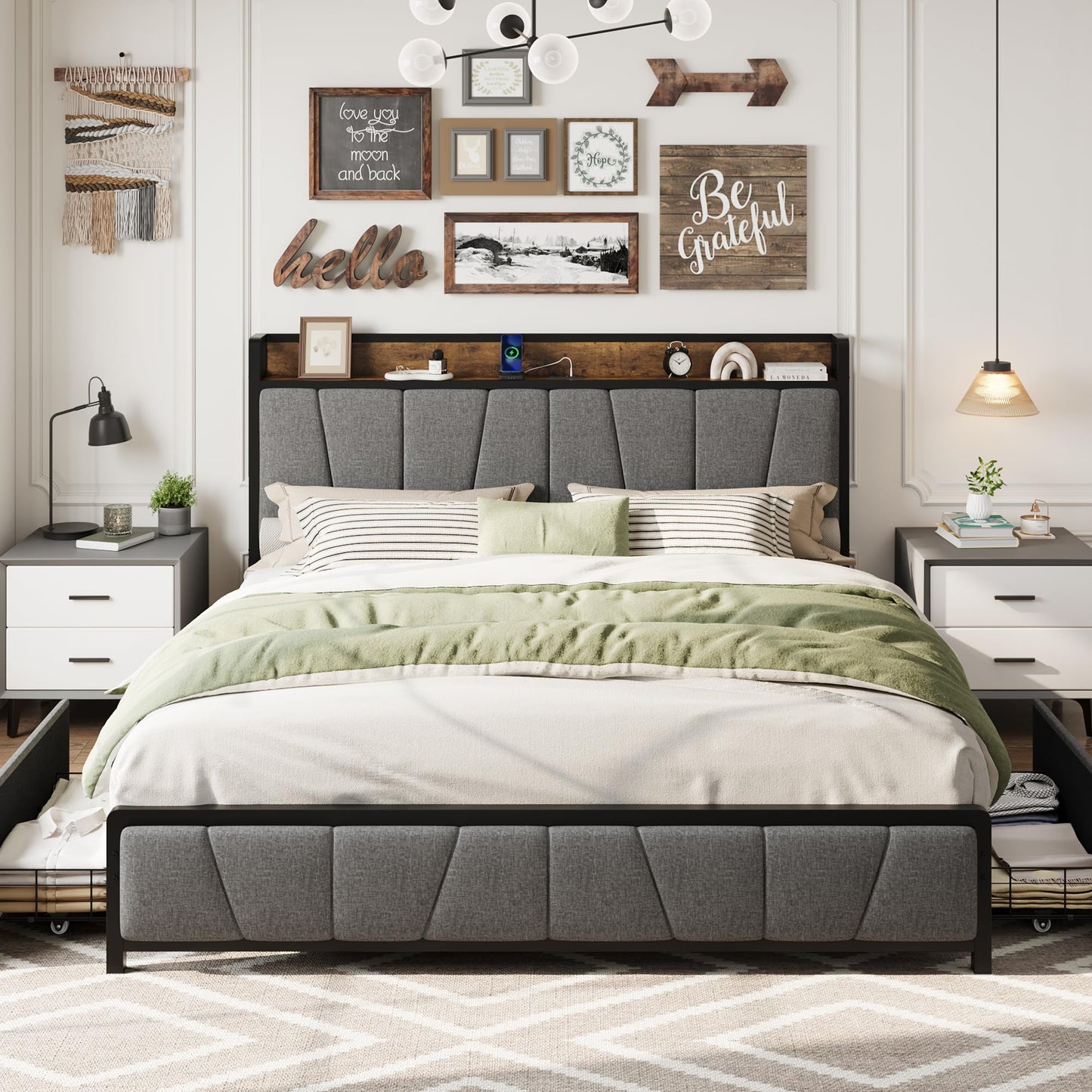 GarveeHome King Size Bed Frame with 2 Storage Drawers and Charging Station, Rustic Linen Upholstered Platform Bedframe with Storage Headboard, No Box Spring Needed, Easy Assembly, Noise Free, Grey