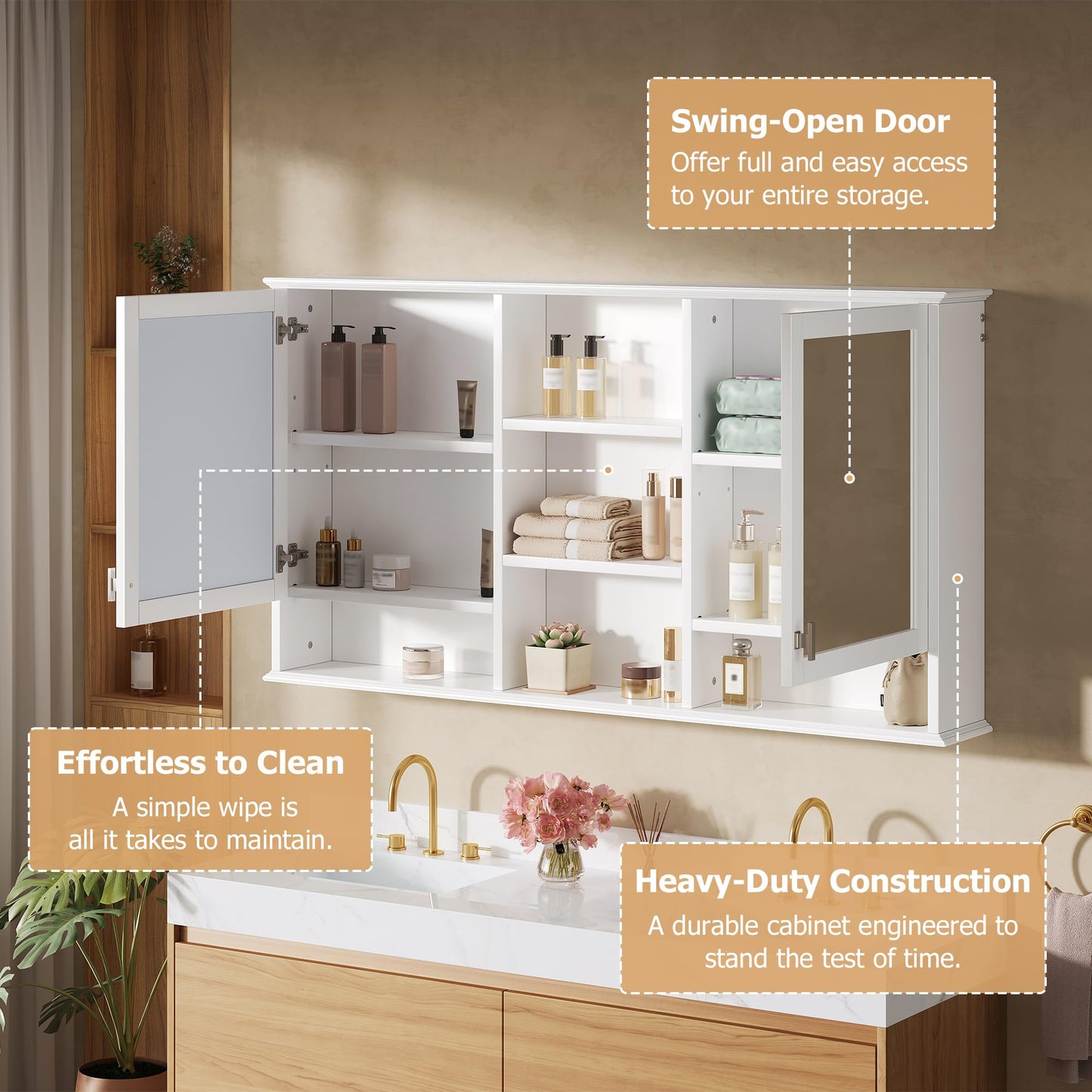 Marzzi 55"x28" Bathroom Medicine Cabinet with Mirror, Wall Mounted Bathroom Storage Organizer with 5 Open Shelves & Adjustable Interior for Master Bath & Power Room, Painted Finish