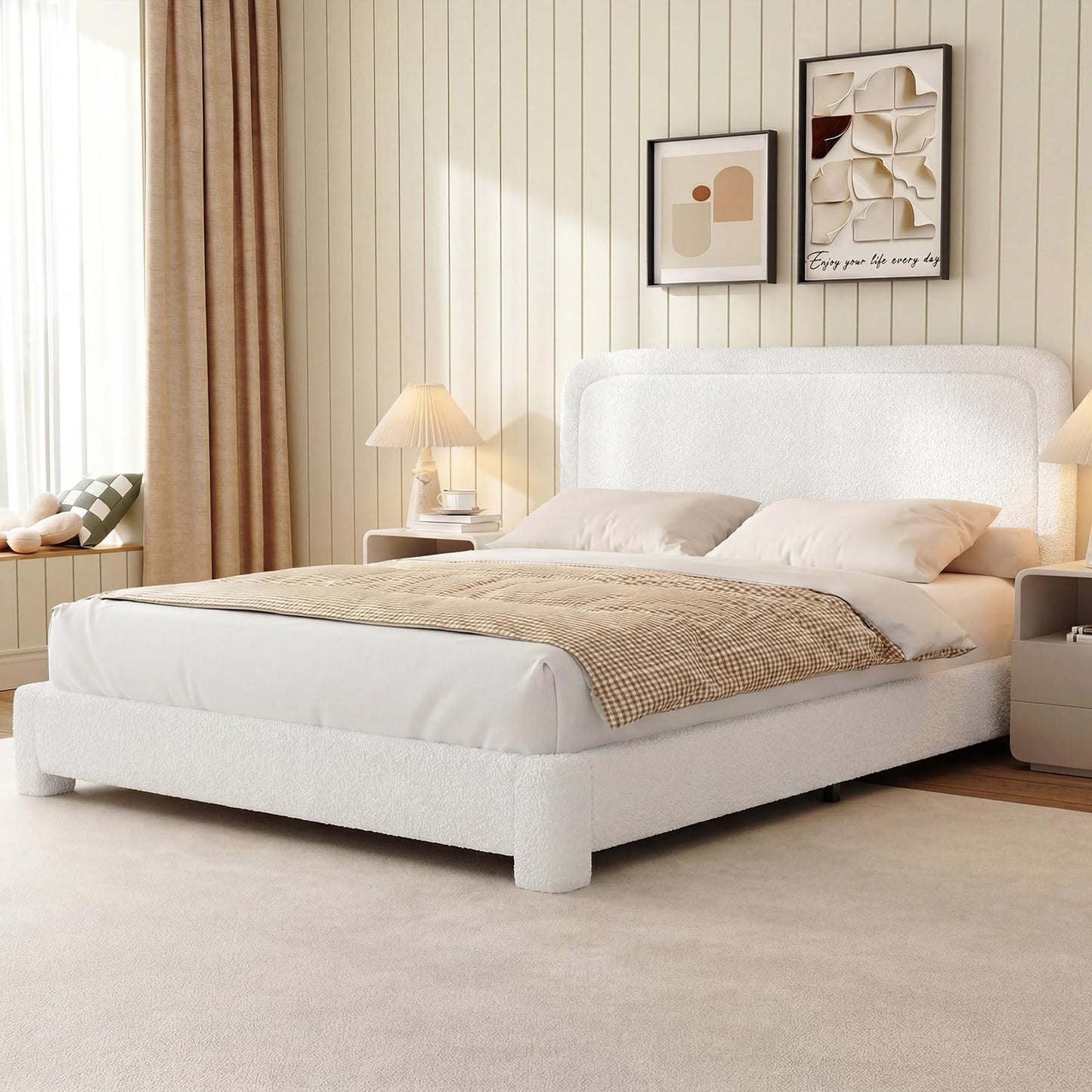 WEUP Queen Size Boucle Bed Frame, Upholstered Teddy Fabric Bed Frame with Headboard, Soft Rounded Corners, No Box Spring Required, Adjustable Headboard, Easy Assembly