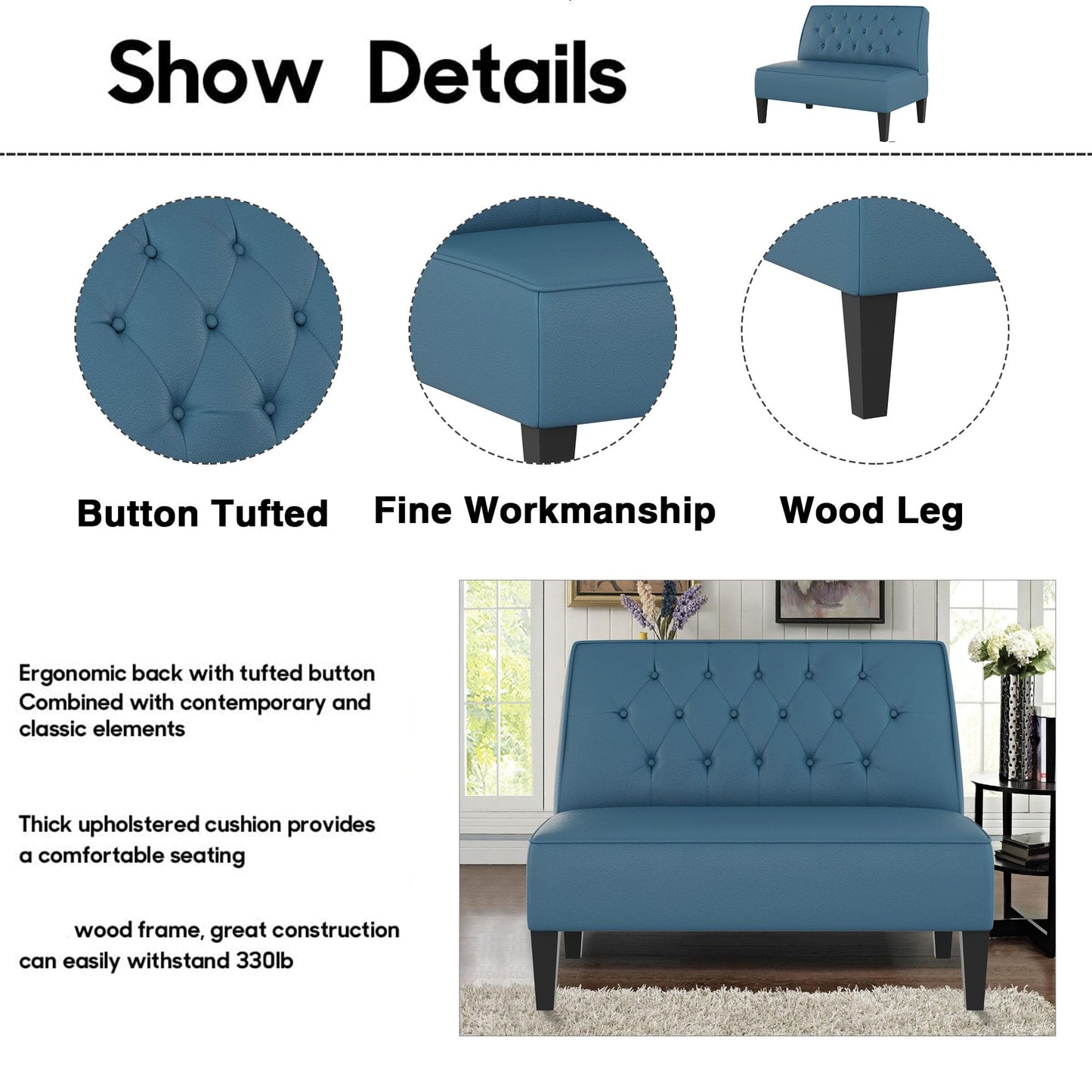 Alunaune Upholstered Blue Loveseat Bench Couch for Bedroom, Modern Cushioned Armless Settee Small Love Seat Sofa Faux Leather Living Room Couch