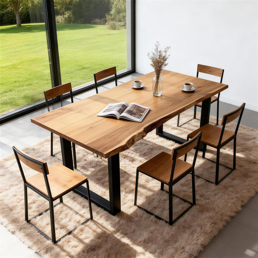 Heliosrider Farmhouse Live Edge Dining Table, Solid Wood Dining Table with 2" Table Top & Metal Base, Wood Slab Industrial Live Edge Desk for Kitchen & Dining Room 2,4,6 People (55.1 * 27.5 * 29.5IN)