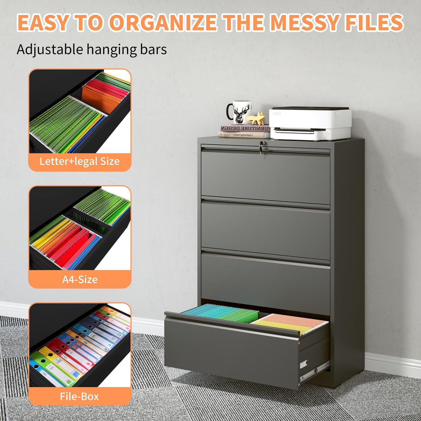KEIKI 4 Drawer Lateral File Cabinet with Lock – Tall Heavy-Duty Metal Filing Cabinet, Space-Saving Wide Storage for Letter/Legal/A4/F4, Quiet Full-Extension Slides for Home Office, Black