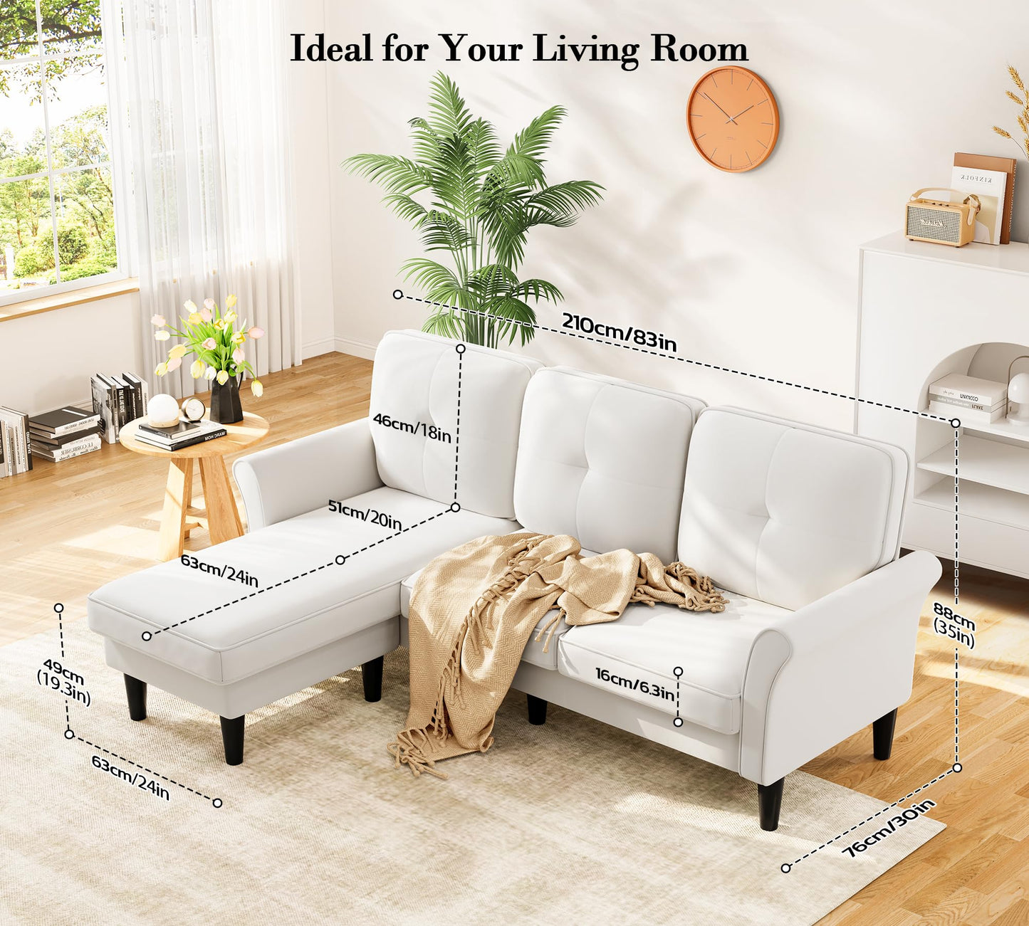 Small Sectional Couch, 83" L Shaped Couch, Comfy Velvet Couches for Living Room, Tool-Free Setup Modular Sectional Sofa, 850lbs Load Sofas for Living Room with 1 Movable Ottoman, White Couch