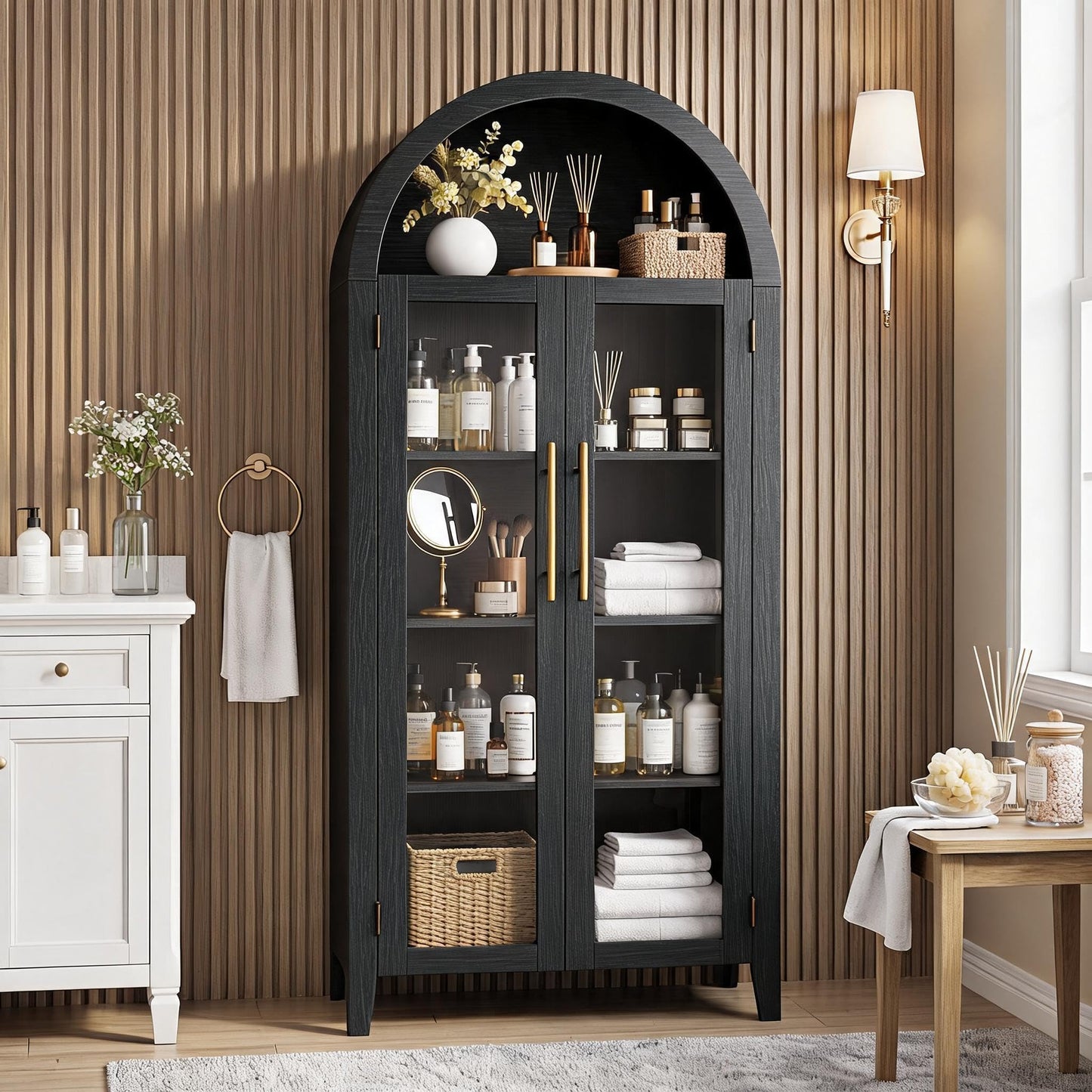 Garvee Arched Cabinet with Glass Doors, 5-Tier Kitchen Pantry Cabinet with Adjustable Shelves, Farmhouse Display Storage Cabinet for Dining Room, Living Room, Black