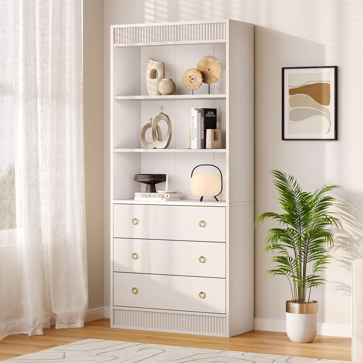 BouPower 71" H White Fluted Bookshelf with 3 Drawers & 3-Tier Open Shelves, Tall Bookcase with Waved Design, Tall Book Shelf with Open Shelf for Living Room/Home Office