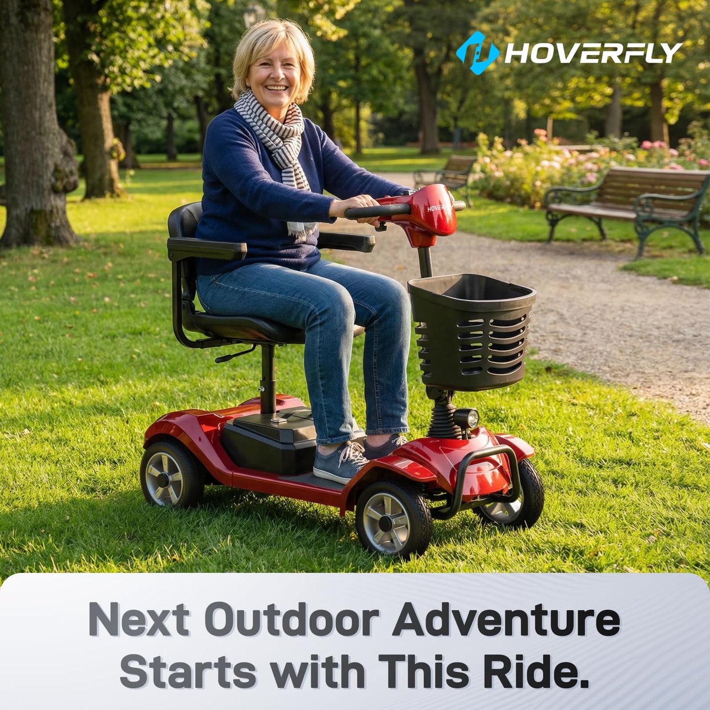 Hoverfly T4 Mobility Scooter for Seniors, Max 12.4-Mile Range & 3.7 mph, 3-Position Seat & Anti-slip Rear Wheel, Removed Battery&Quick Fold Design, Solid 9" Tire &330 lb Capacity, Ease of Assembly Red
